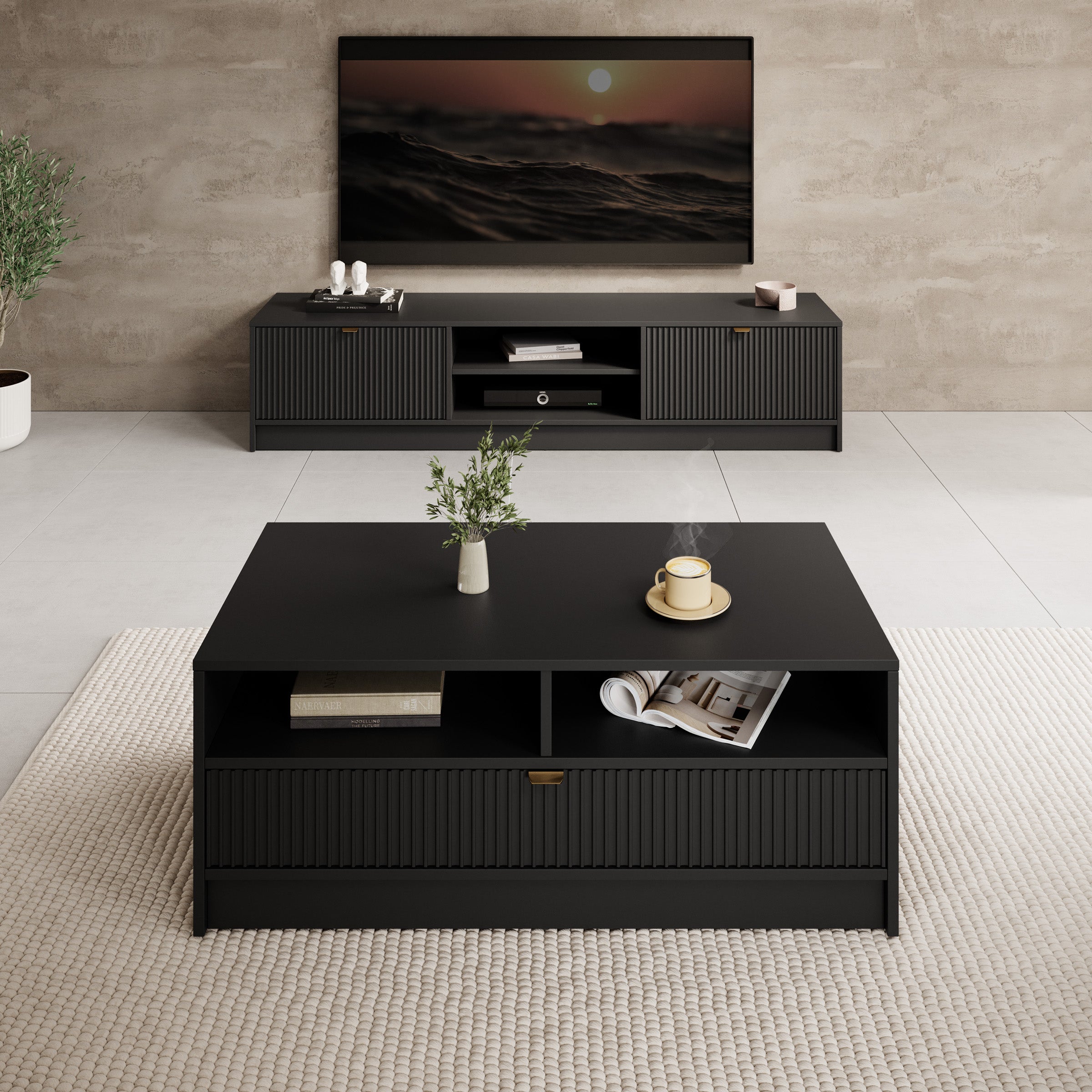 Tavares - Salontafel met lade - Zwart - 100x50x40 cm
