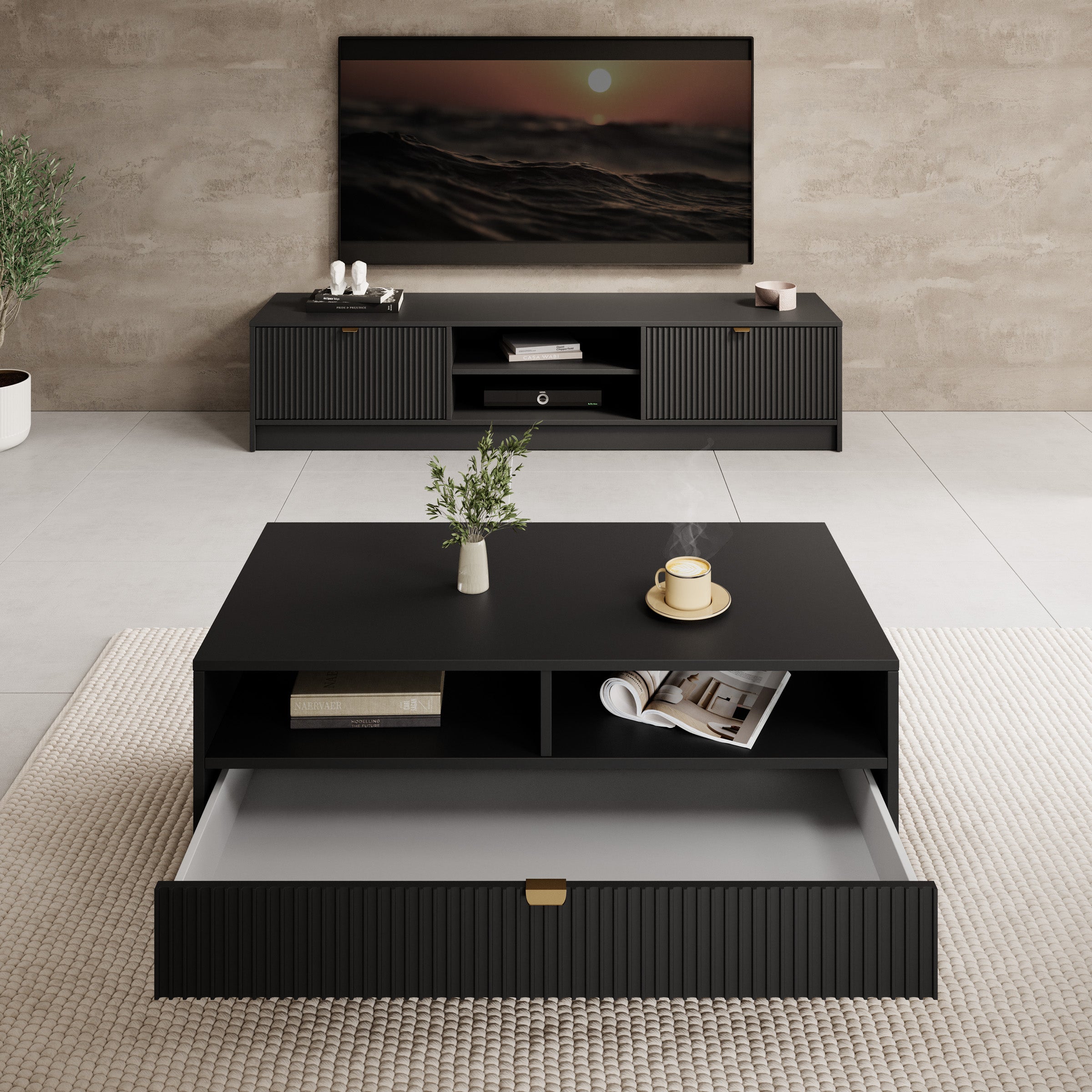 Tavares - Salontafel met lade - Zwart - 100x50x40 cm