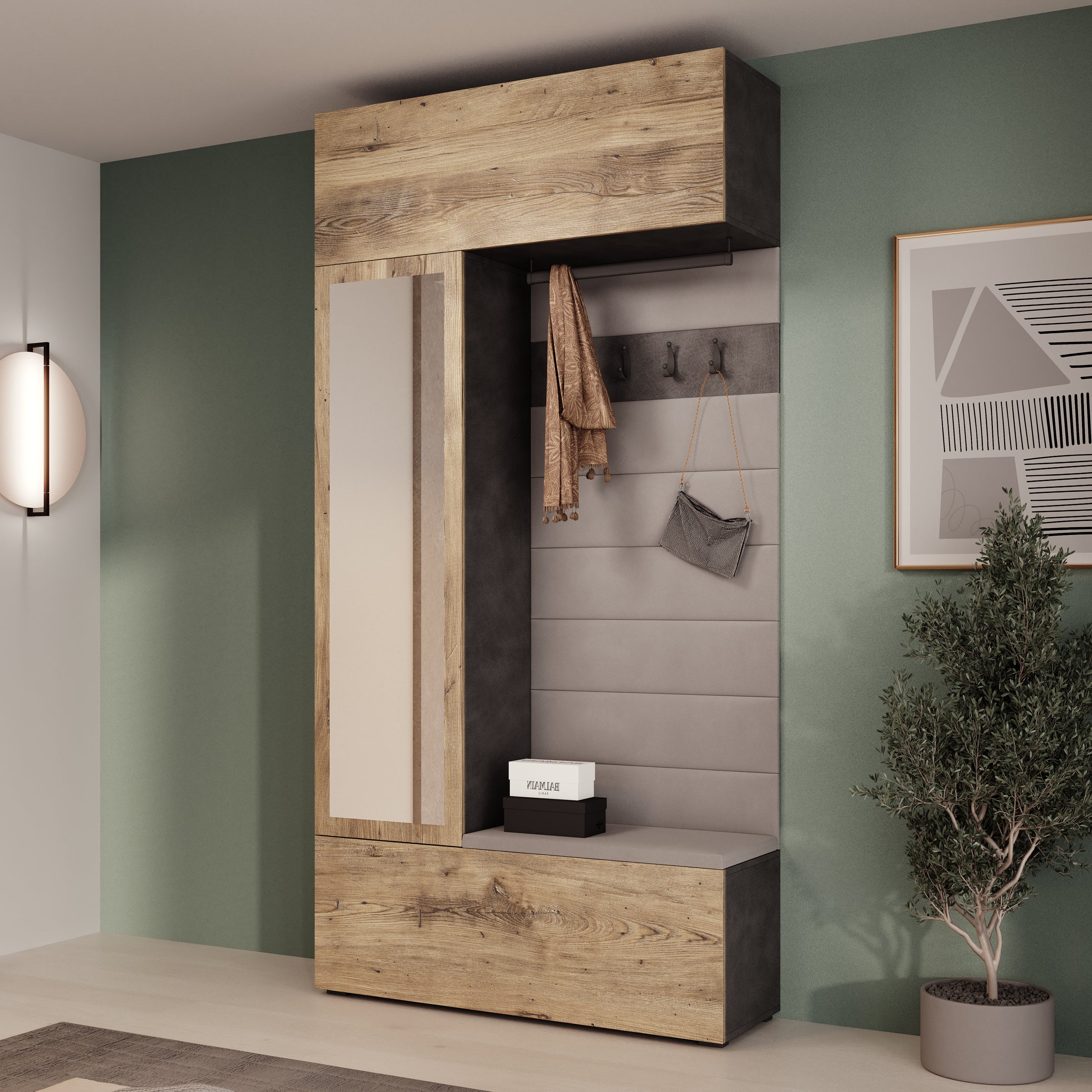Telora - Halkast met deur - Eikenpatroon/Grijs - 115x38x232 cm