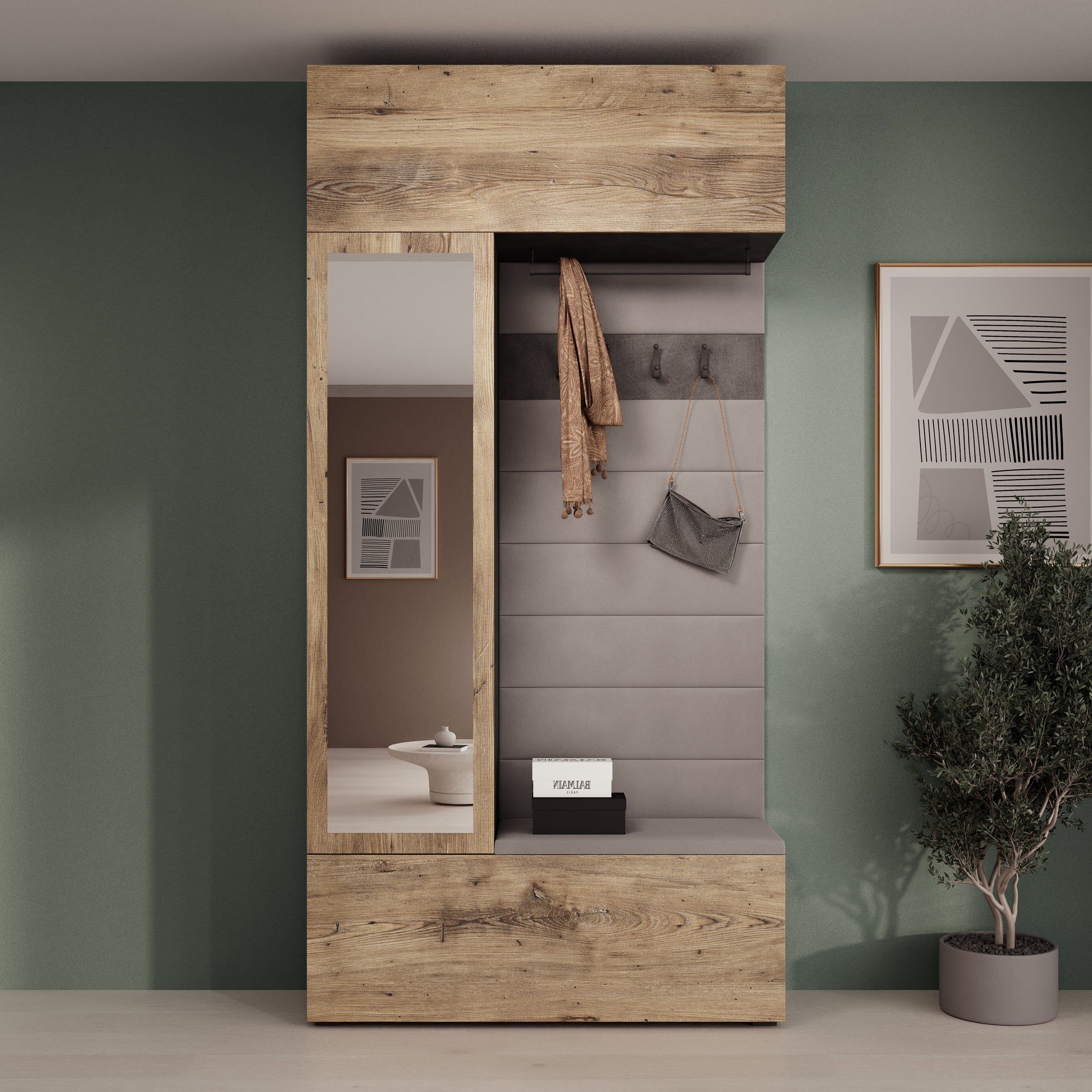 Telora - Halkast met deur - Eikenpatroon/Grijs - 115x38x232 cm