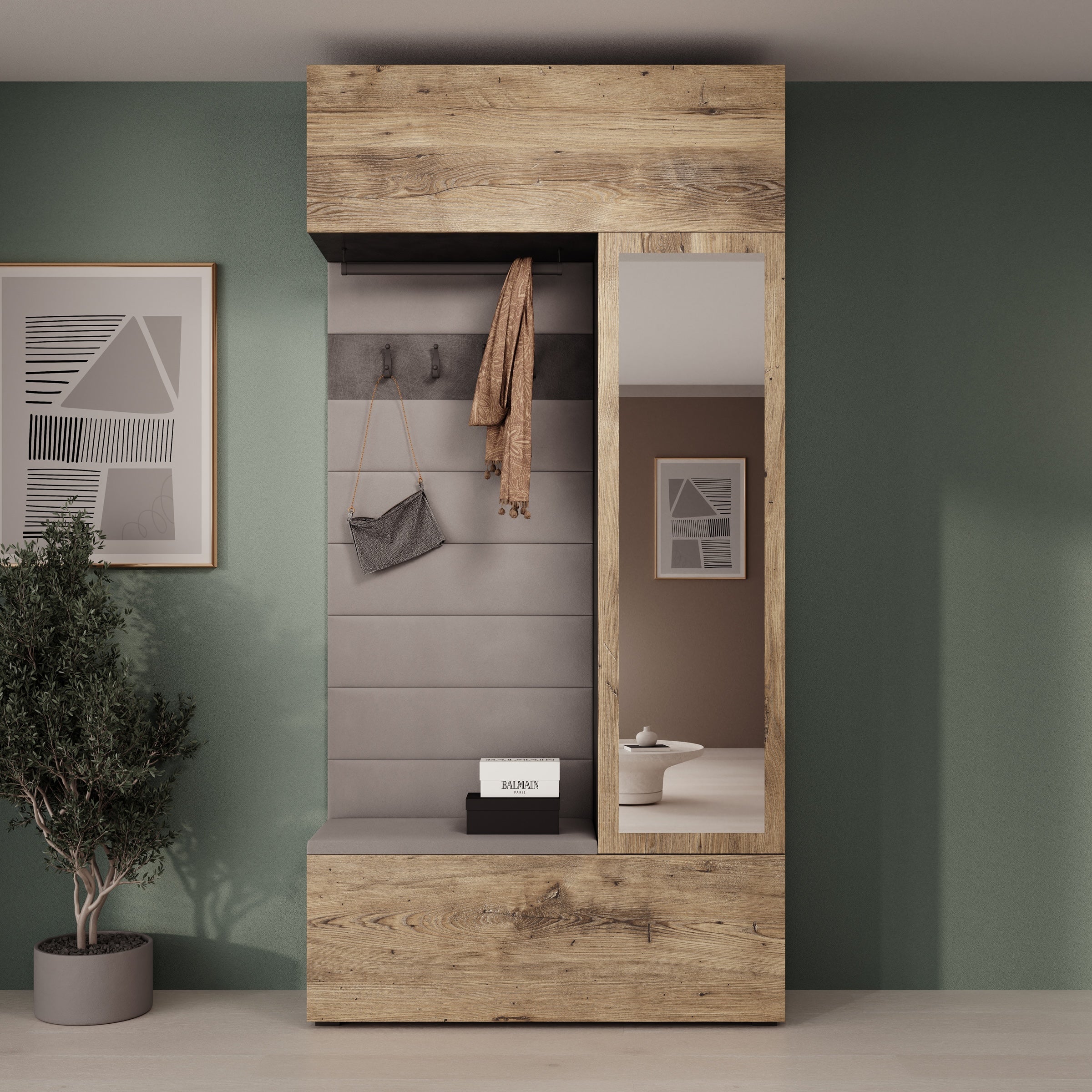 Telora - Halkast met deur - Eikenpatroon/Grijs - 115x38x232 cm