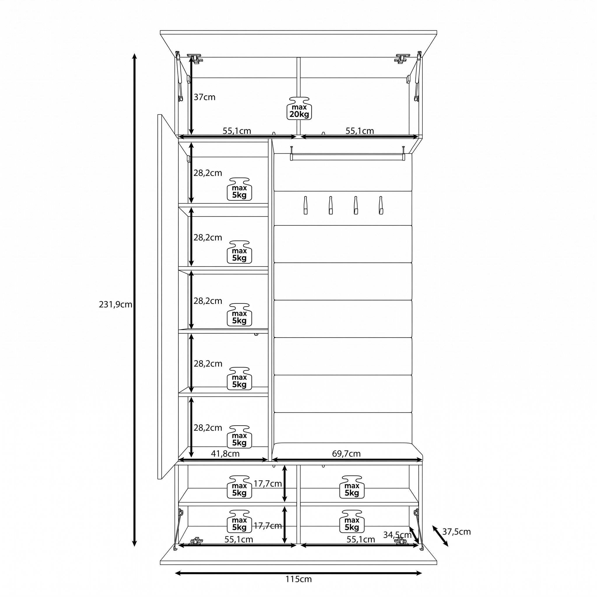 Telora - Halkast met deur - Wit - 115x38x232 cm