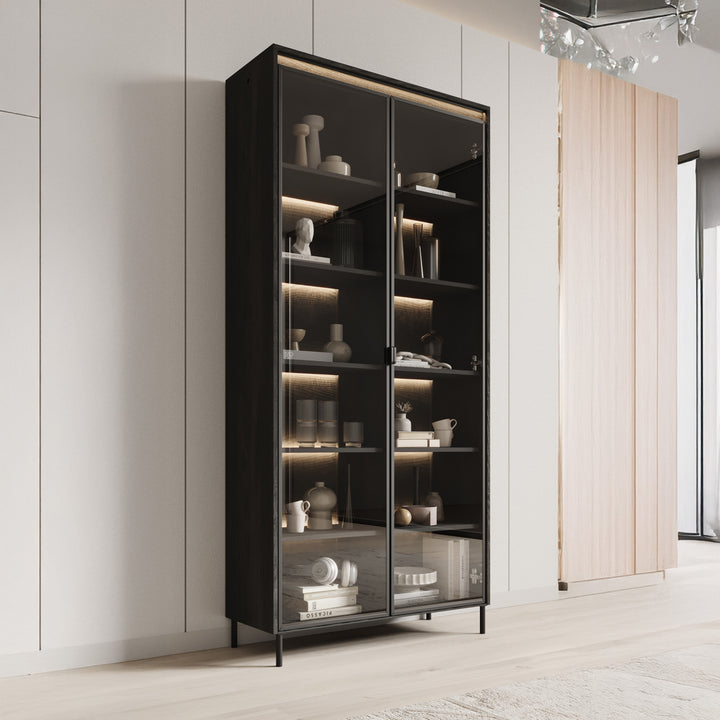 Timoteo - Vitrinekast - Zwart - 92x34x196 cm