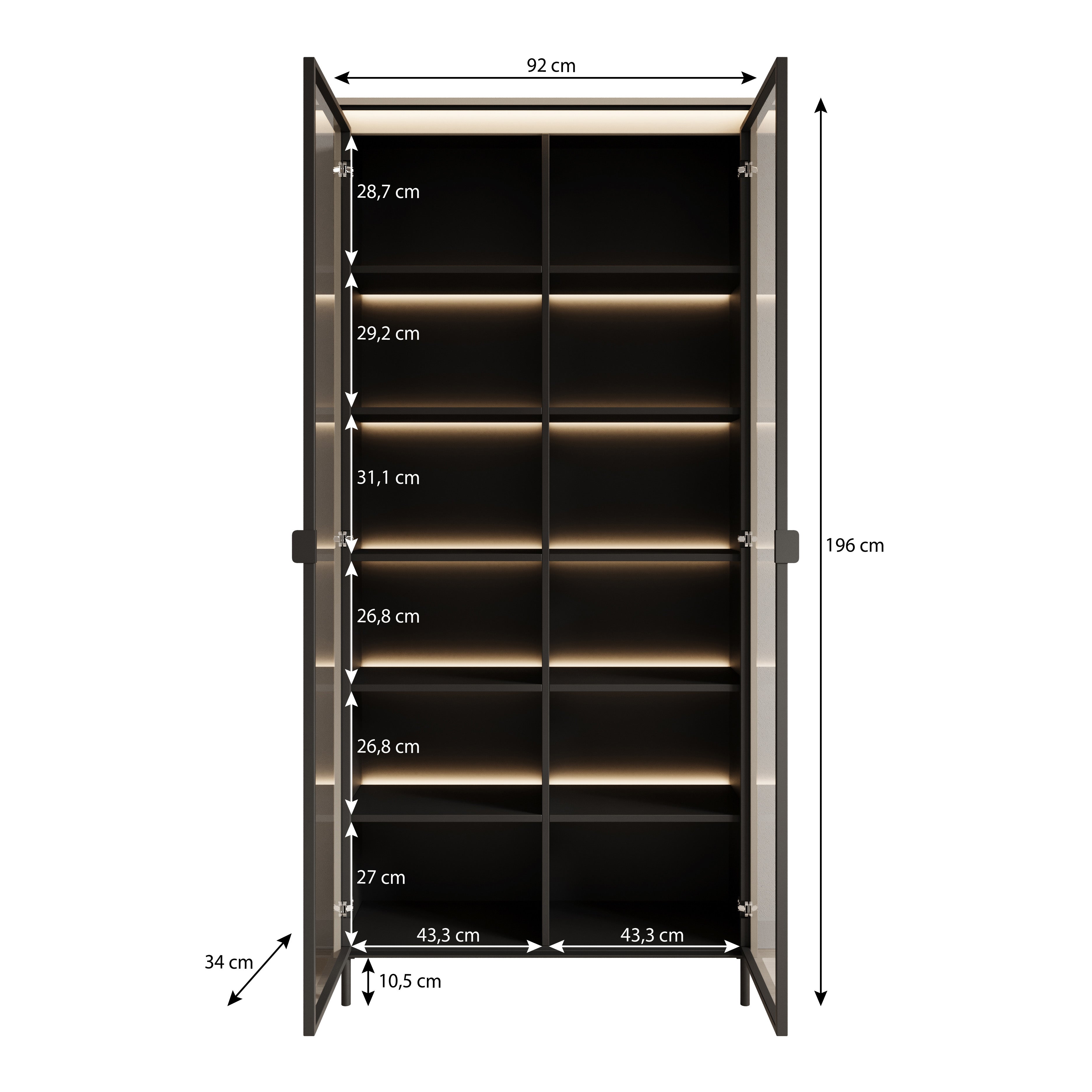 Timoteo - Vitrinekast - Zwart - 92x34x196 cm