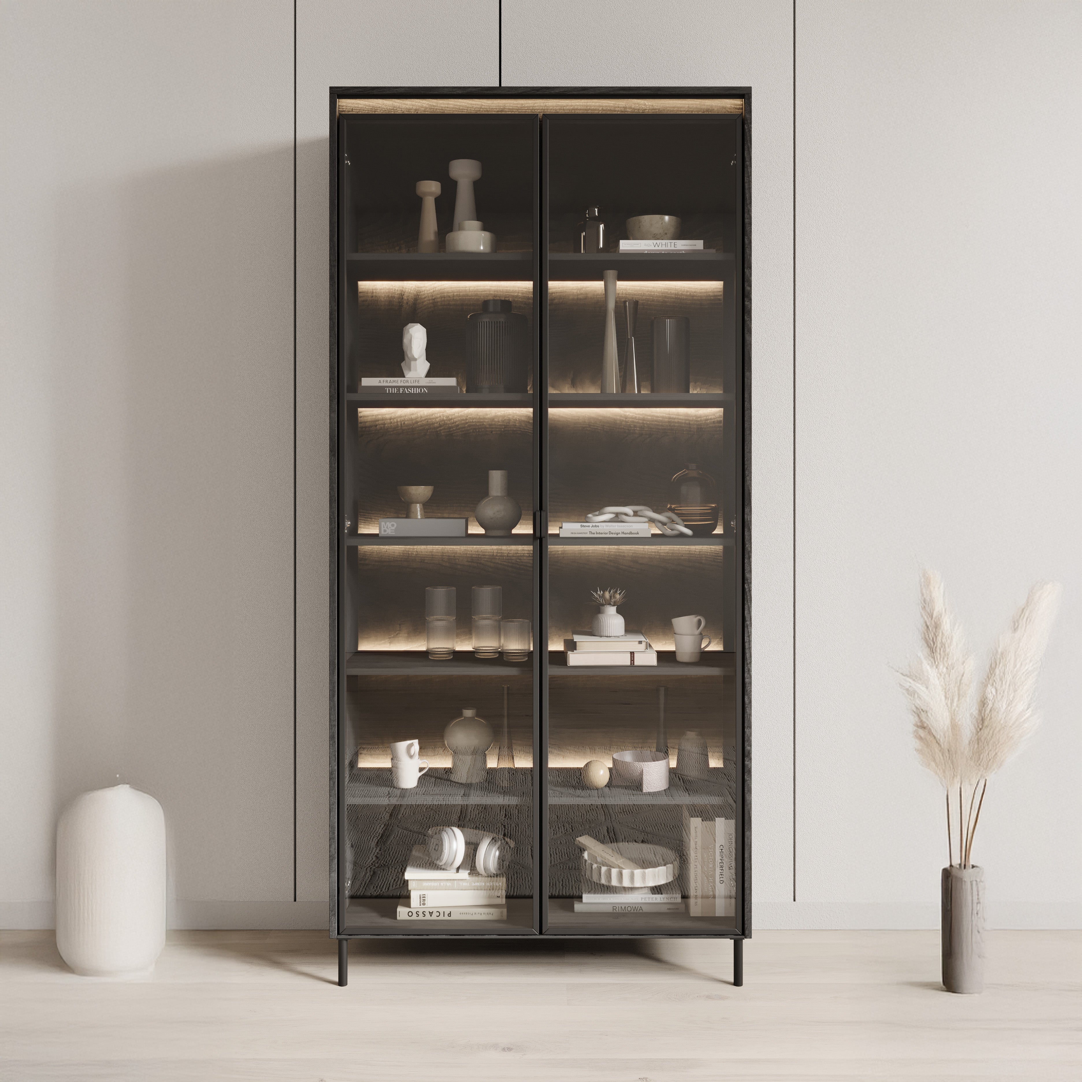 Timoteo - Vitrinekast - Zwart - 92x34x196 cm