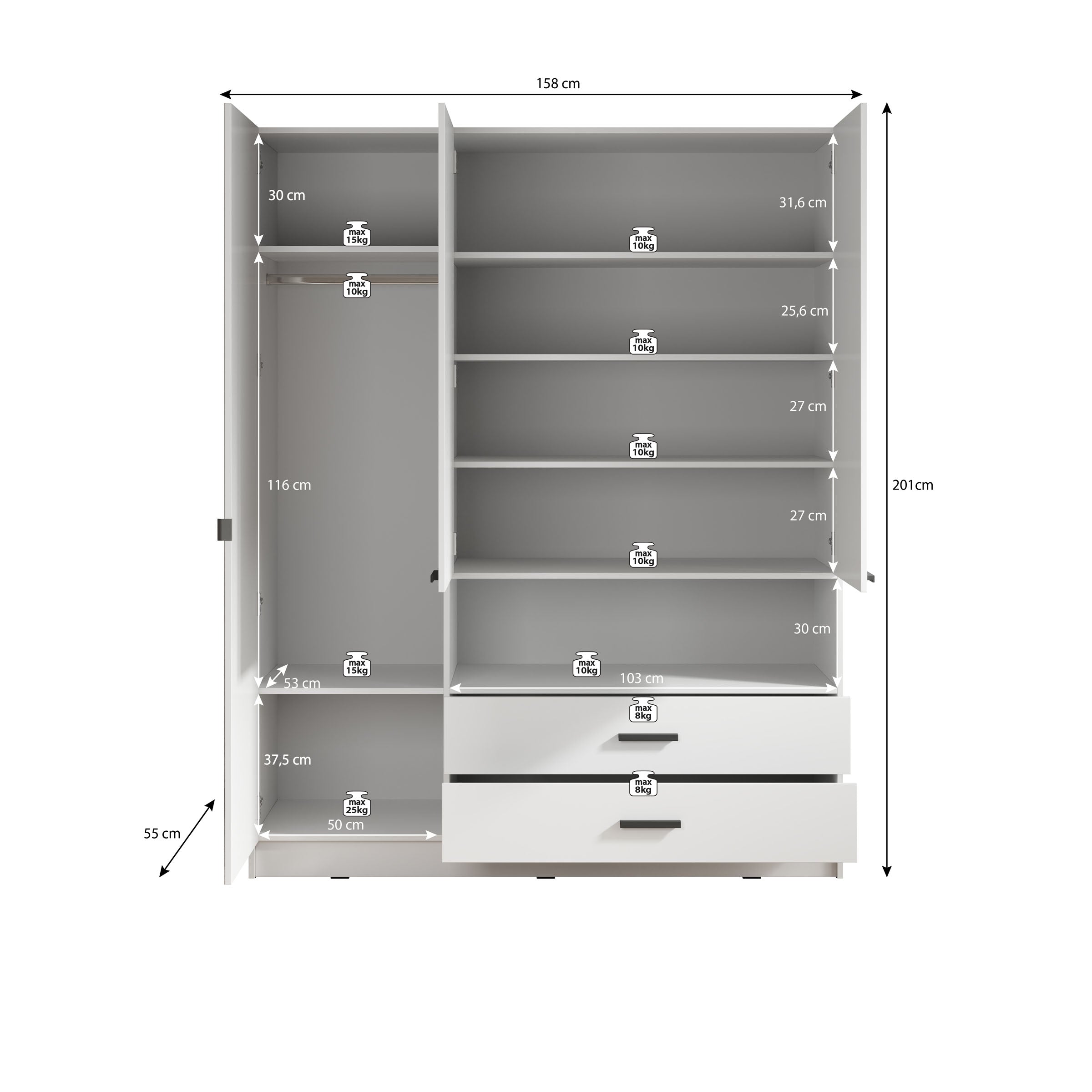 Tobin - Kledingkast 3 deurs - Wit - 158x55x201 cm