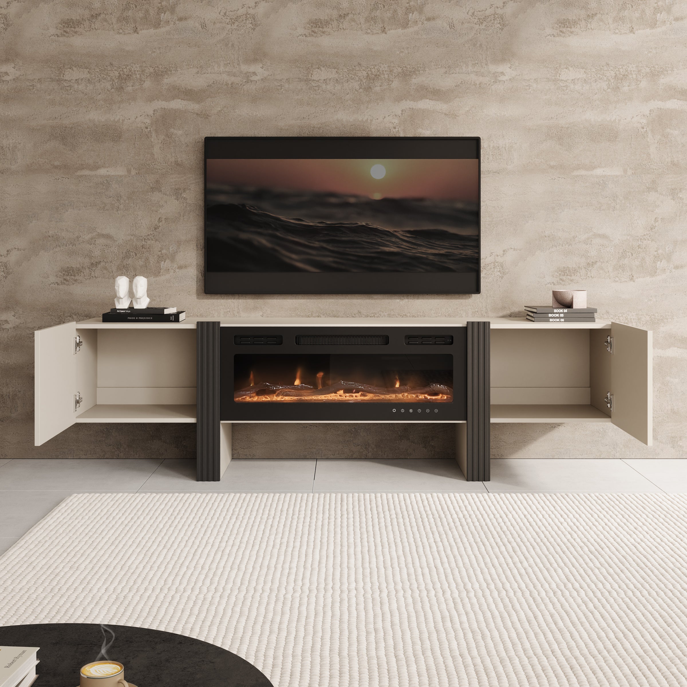 Torevia - TV-Meubel met sfeerhaard - Beige - 200x41x58 cm