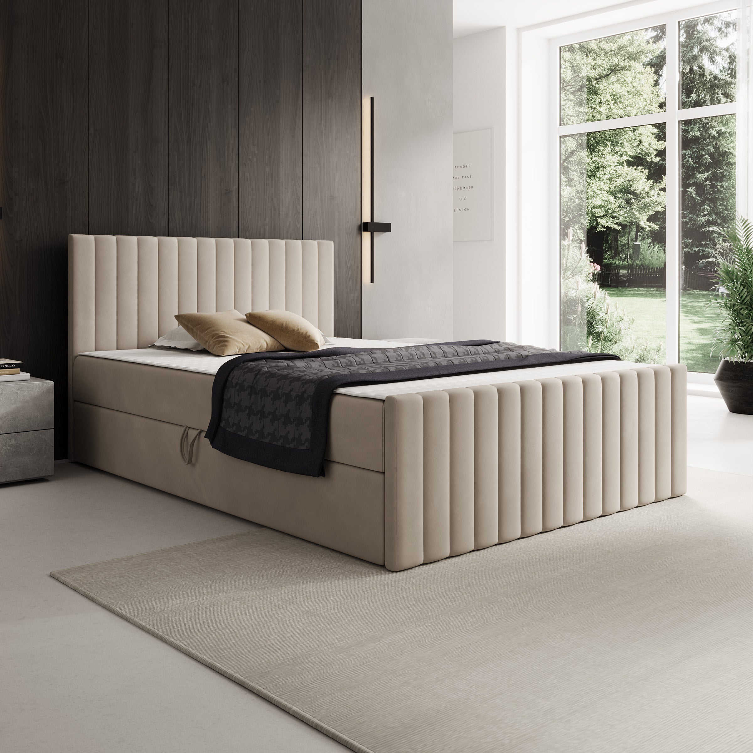 Tori - Boxspring met opbergruimte - Stof beige - 140x200 cm