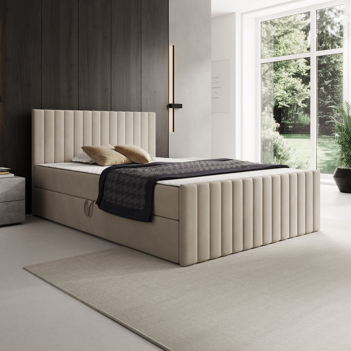 Tori - Boxspring met opbergruimte - Stof beige - 140x200 cm