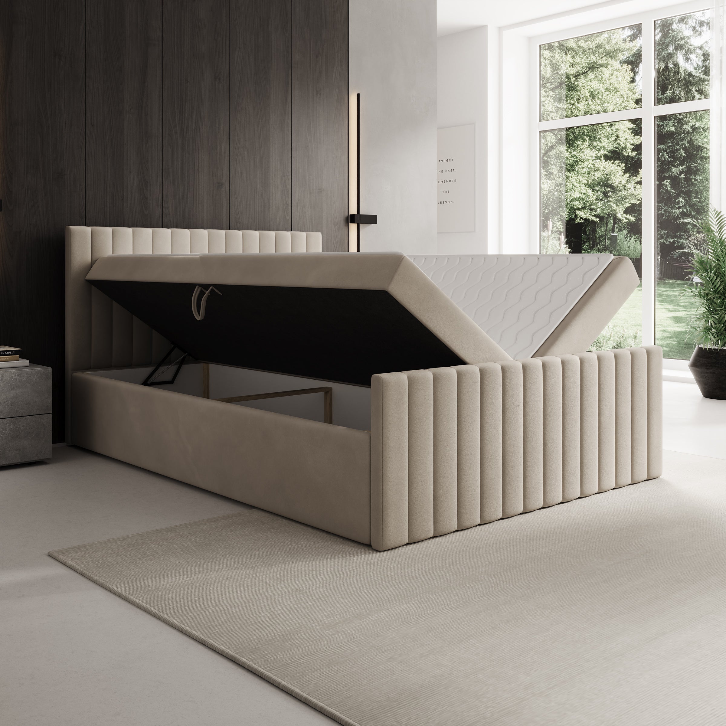 Tori - Boxspring met opbergruimte - Stof beige - 140x200 cm