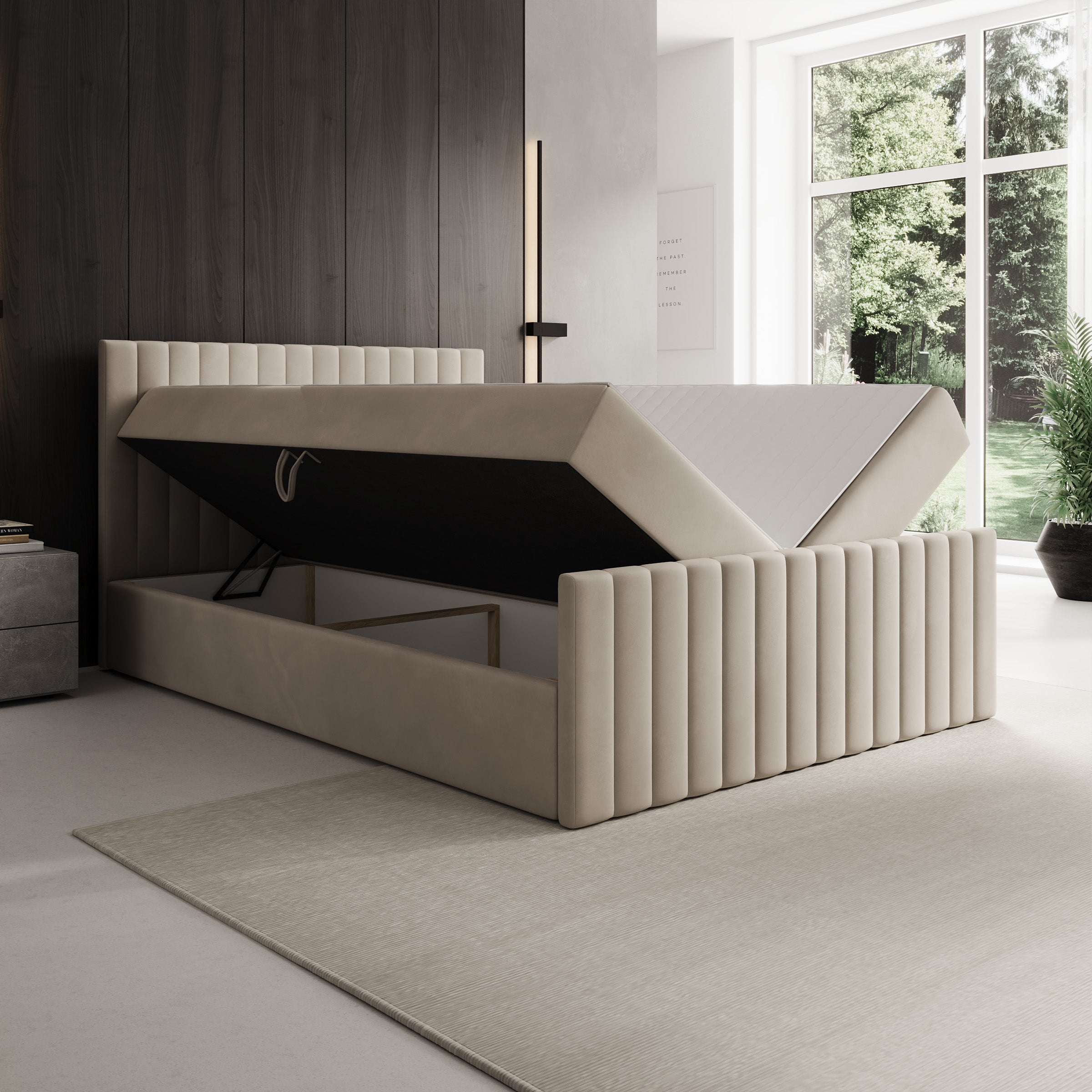 Tori - Boxspring met opbergruimte - Stof beige - 140x200 cm