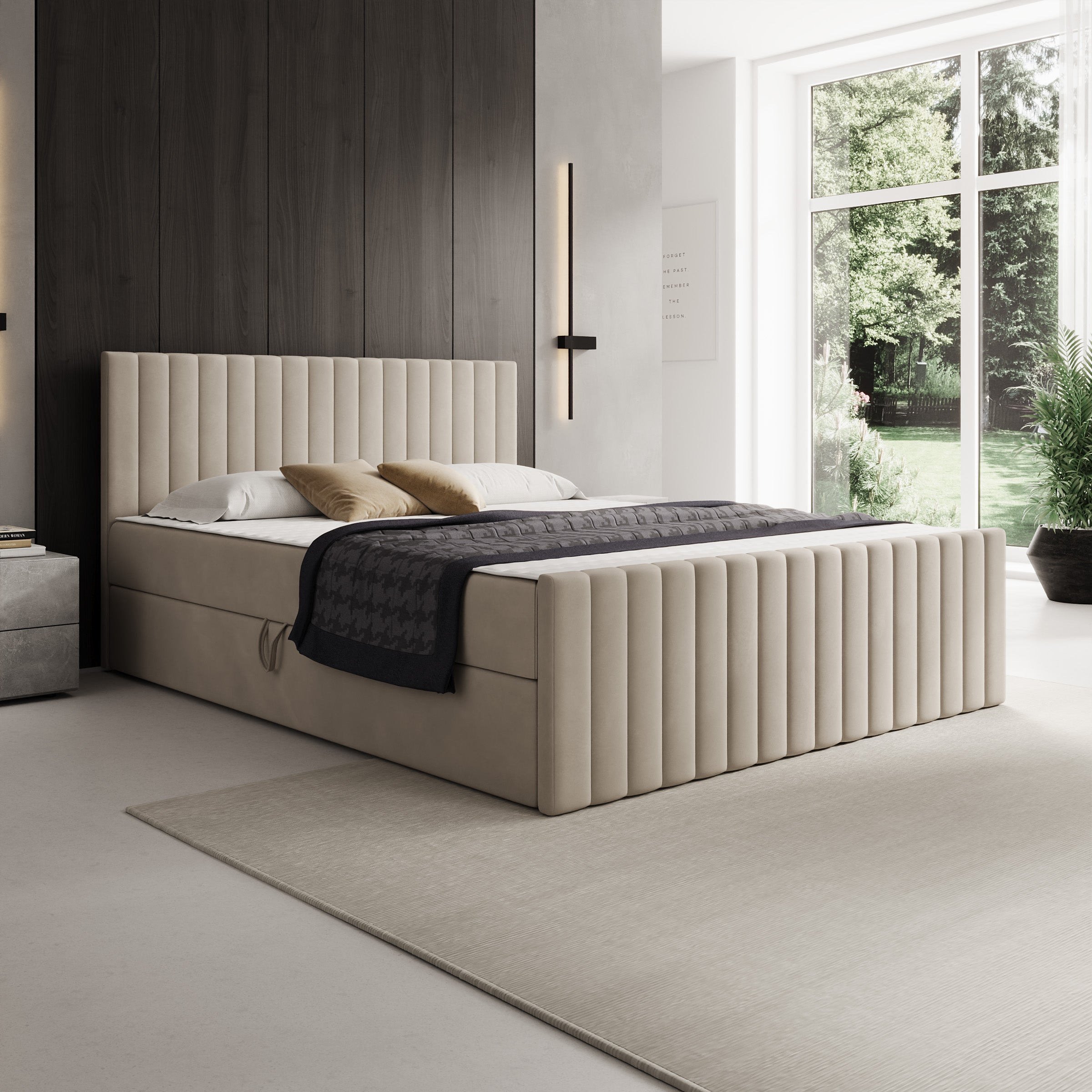 Tori - Boxspring met opbergruimte - Stof beige - 160x200 cm