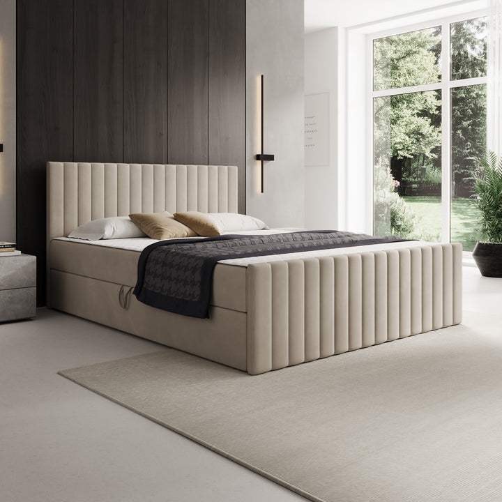 Tori - Boxspring met opbergruimte - Stof beige - 160x200 cm