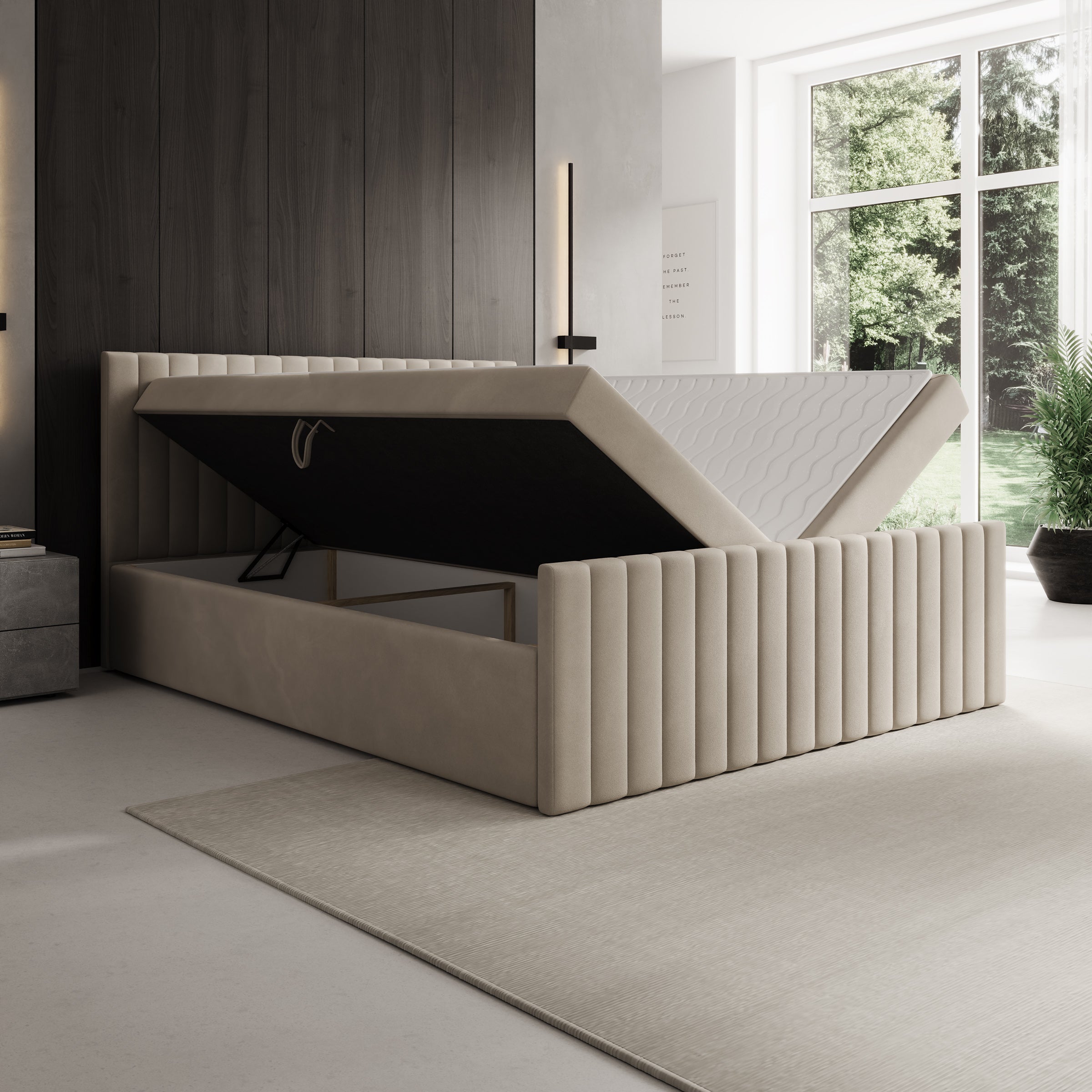 Tori - Boxspring met opbergruimte - Stof beige - 160x200 cm