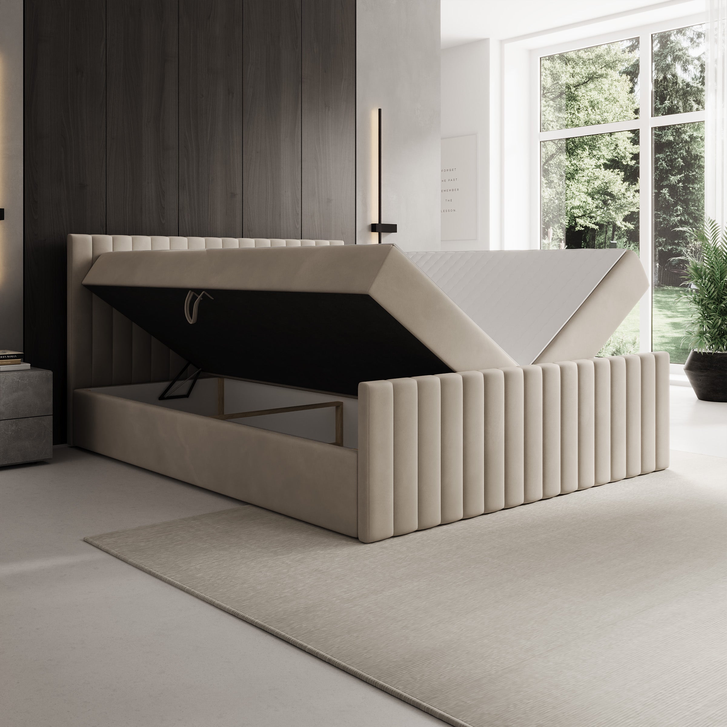 Tori - Boxspring met opbergruimte - Stof beige - 160x200 cm