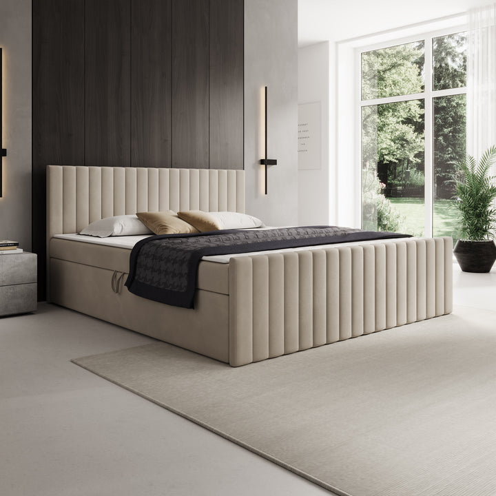 Tori - Boxspring met opbergruimte - Stof beige - 180x200 cm