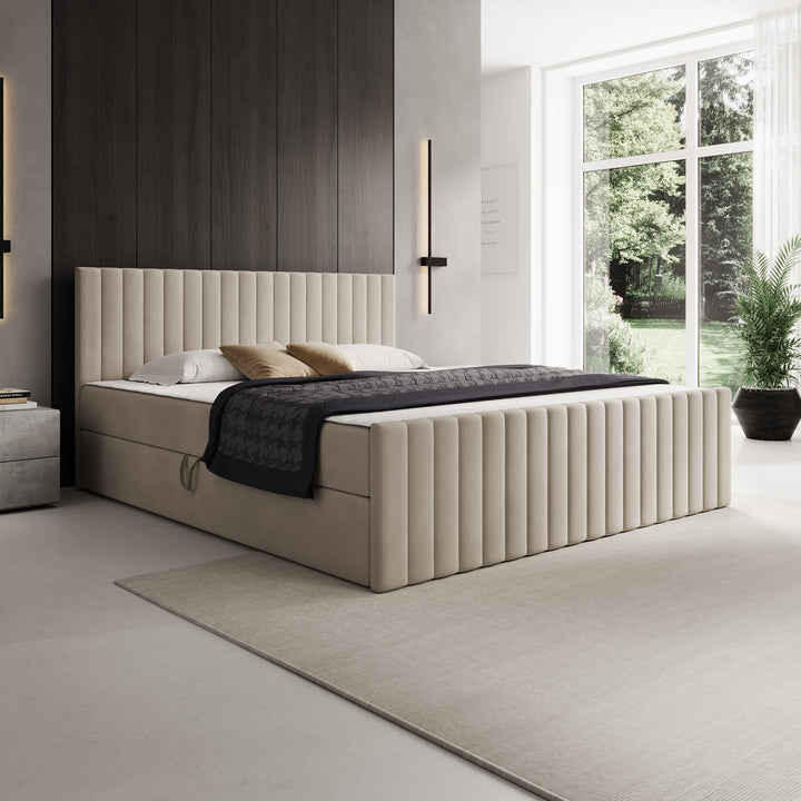 Tori - Boxspring met opbergruimte - Stof beige - 180x200 cm