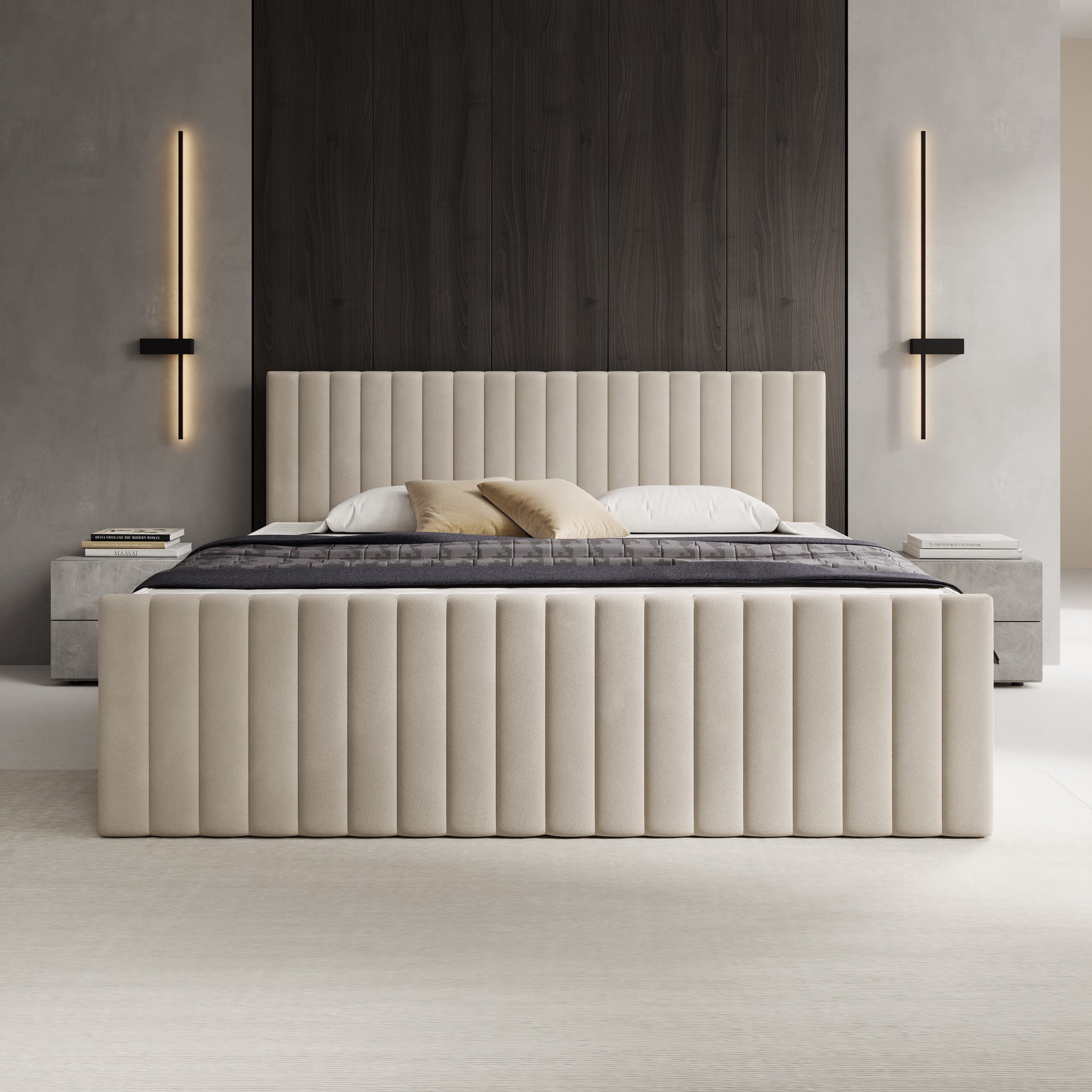 Tori - Boxspring met opbergruimte - Stof beige - 180x200 cm