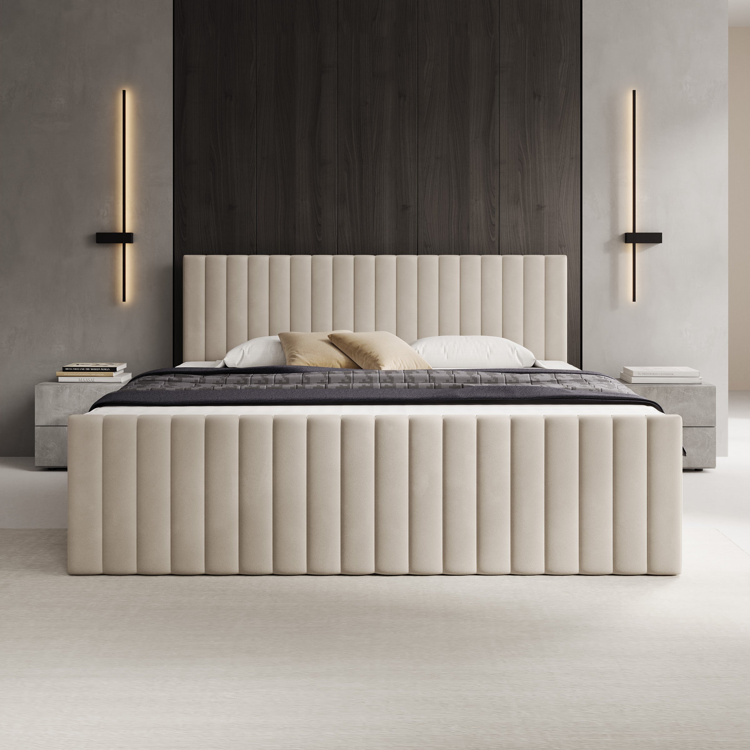 Tori - Boxspring met opbergruimte - Stof beige - 180x200 cm