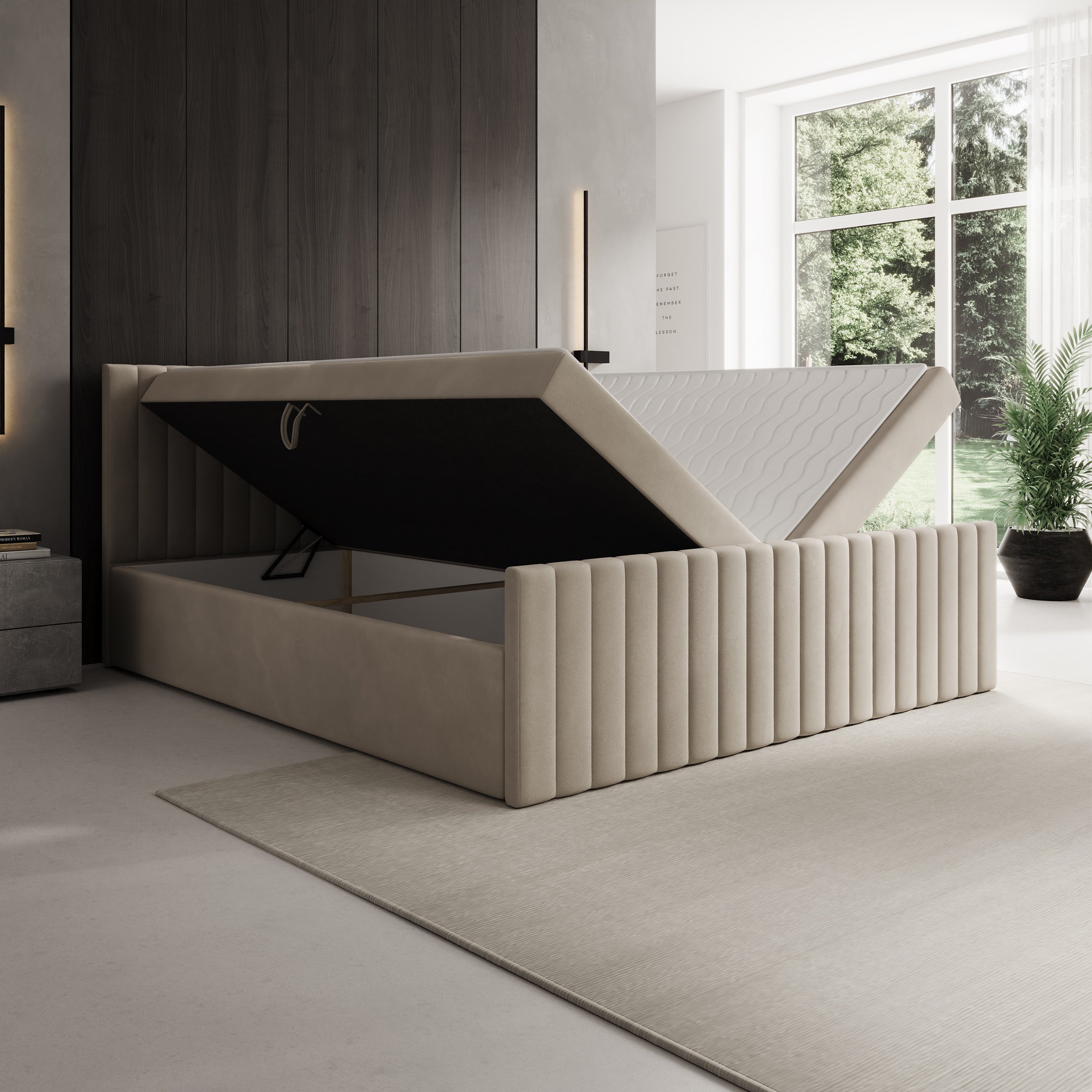 Tori - Boxspring met opbergruimte - Stof beige - 180x200 cm