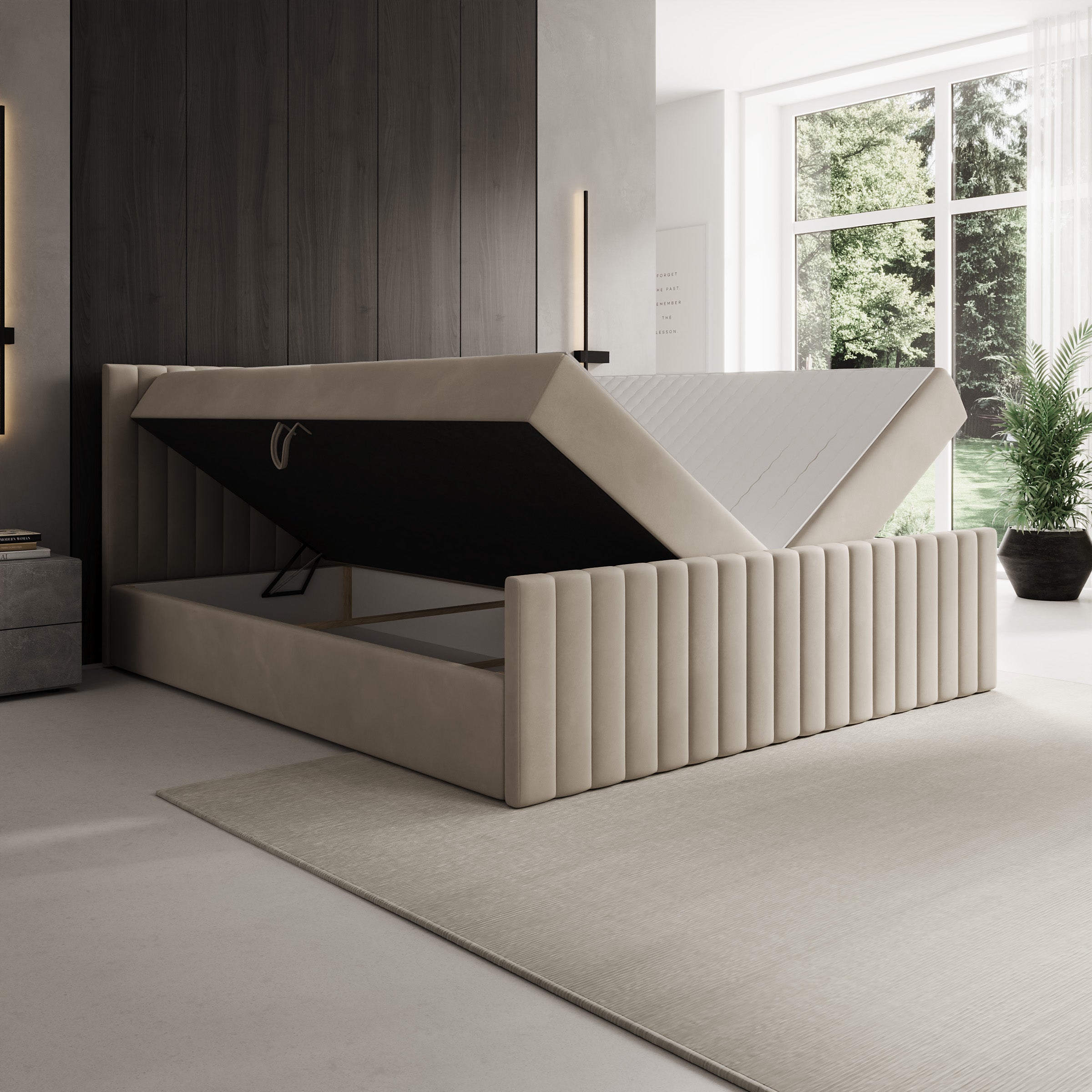 Tori - Boxspring met opbergruimte - Stof beige - 180x200 cm