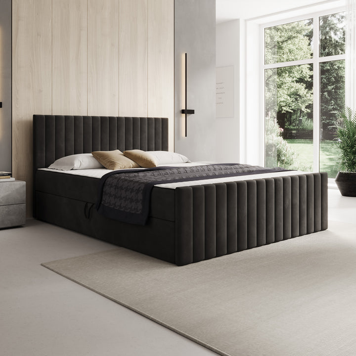 Tori - Boxspring met opbergruimte - Stof zwart - 160x200 cm