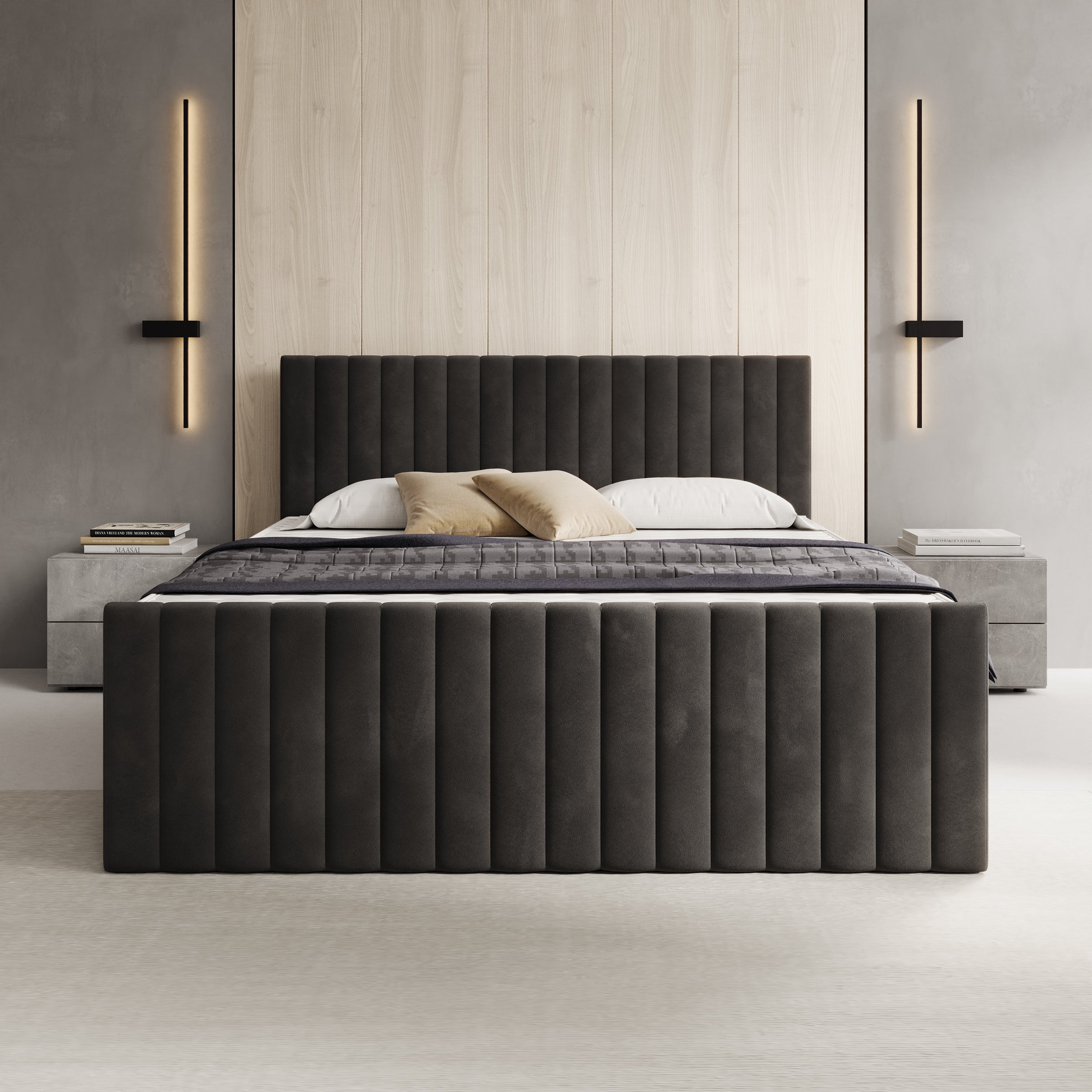 Tori - Boxspring met opbergruimte - Stof zwart - 160x200 cm