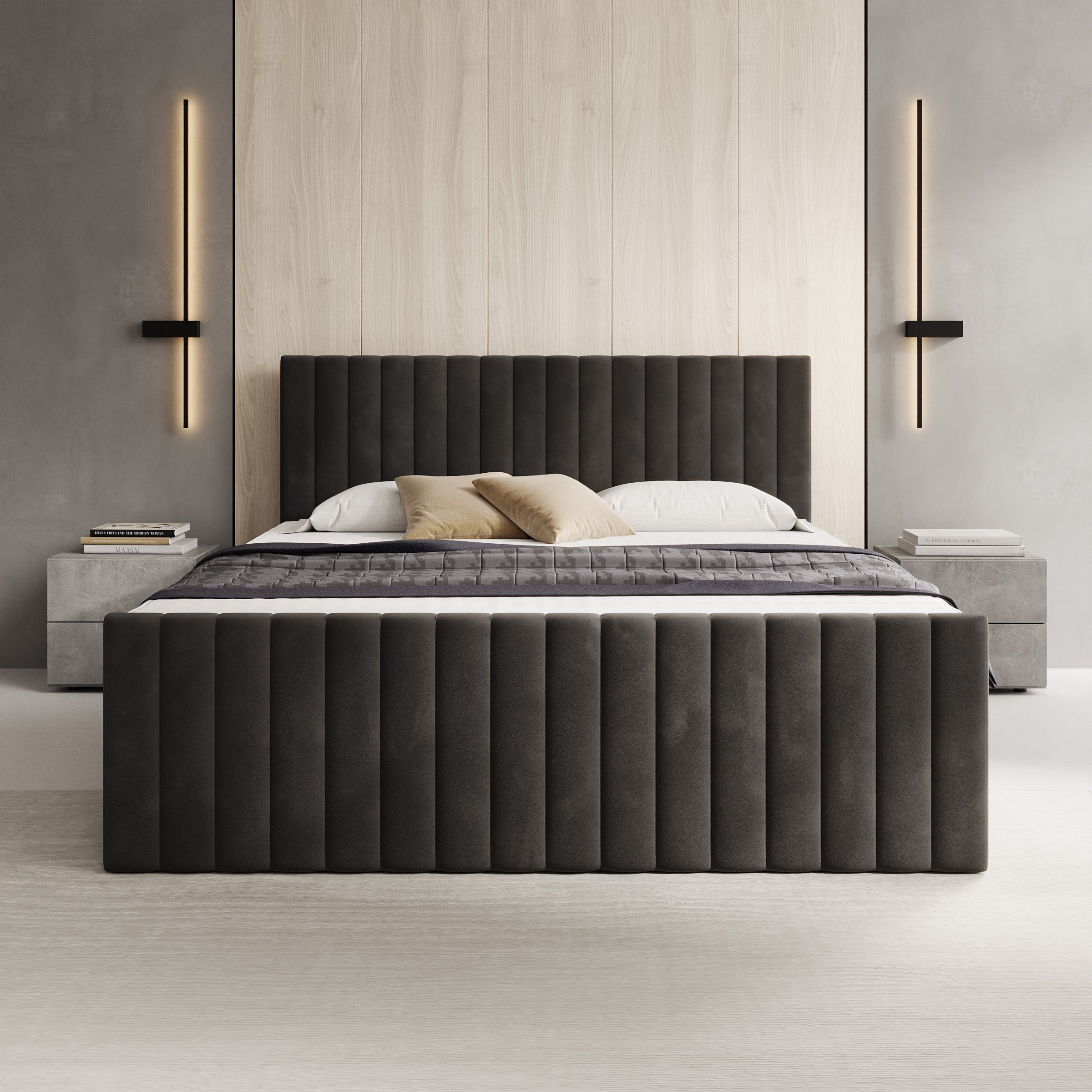 Tori - Boxspring met opbergruimte - Stof zwart - 160x200 cm