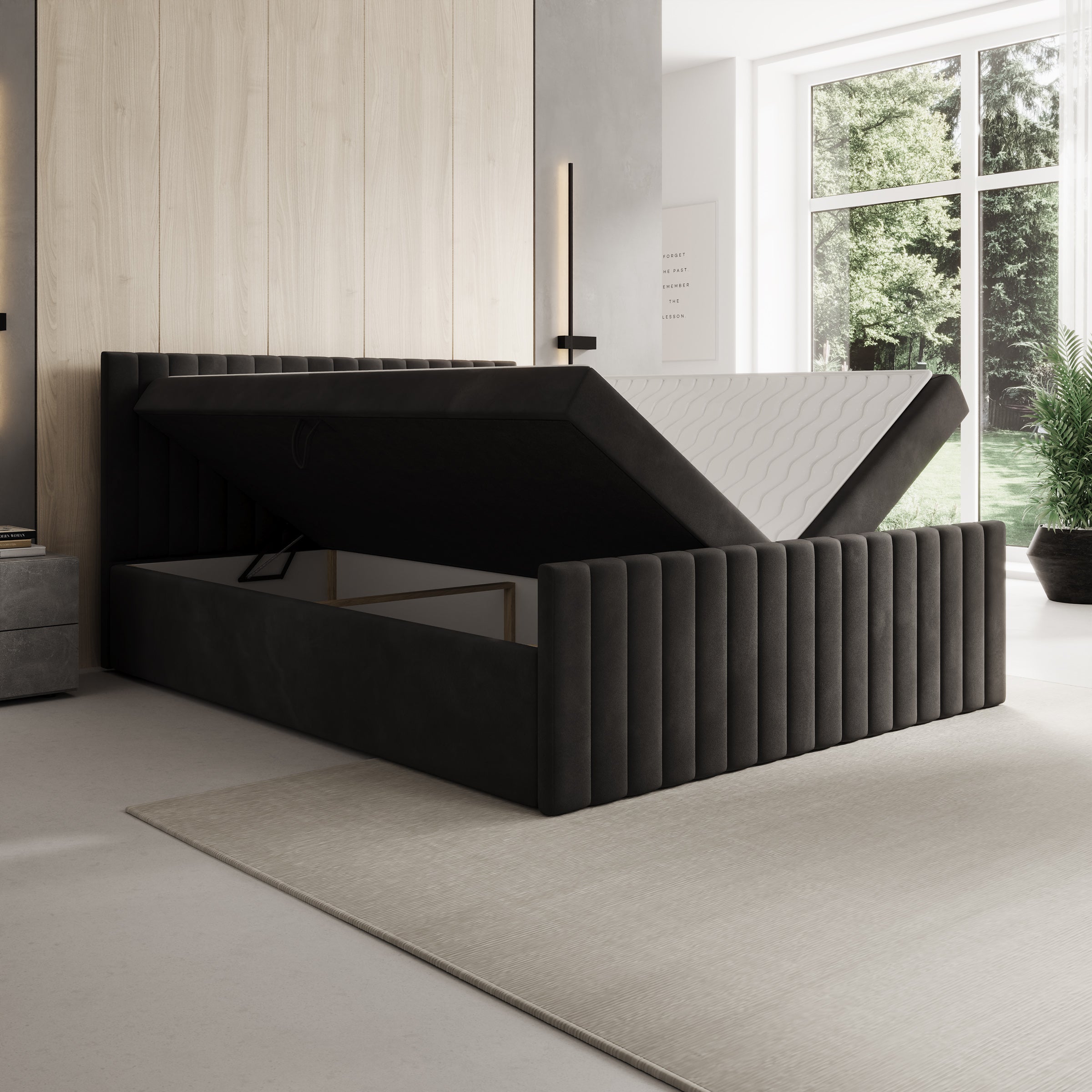 Tori - Boxspring met opbergruimte - Stof zwart - 160x200 cm
