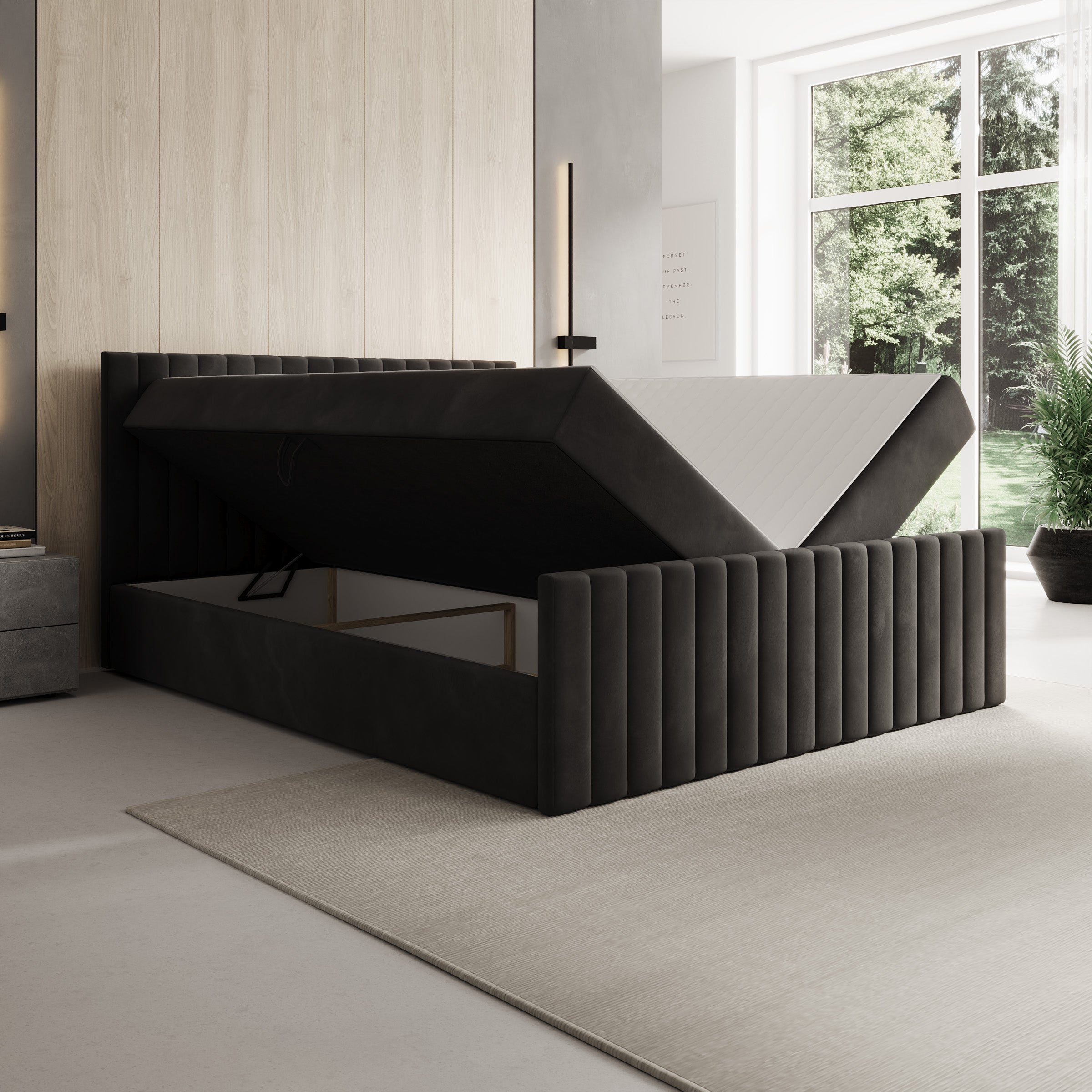 Tori - Boxspring met opbergruimte - Stof zwart - 160x200 cm