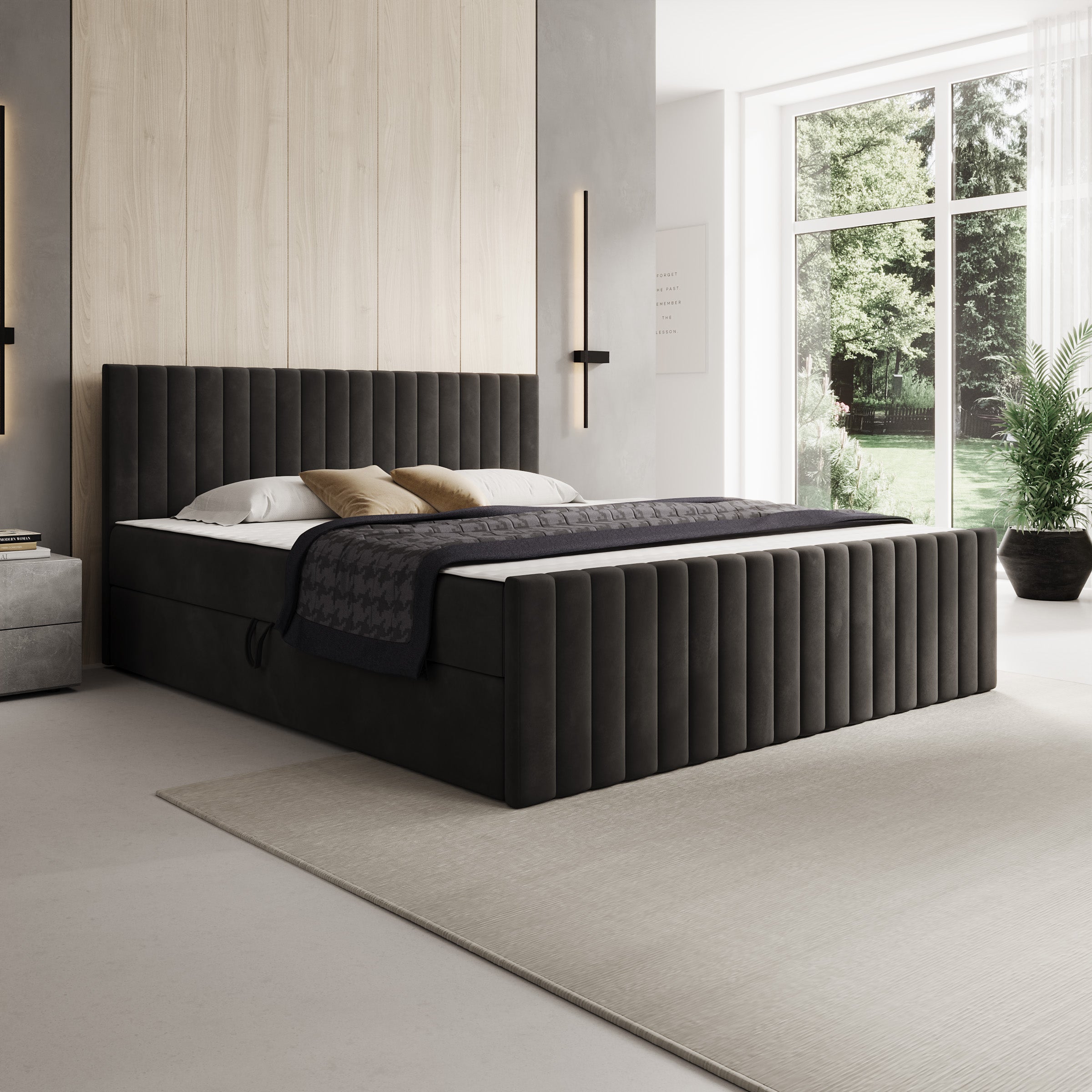 Tori - Boxspring met opbergruimte - Stof zwart - 180x200 cm