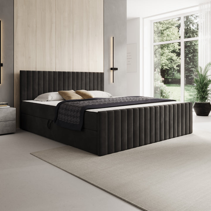 Tori - Boxspring met opbergruimte - Stof zwart - 180x200 cm