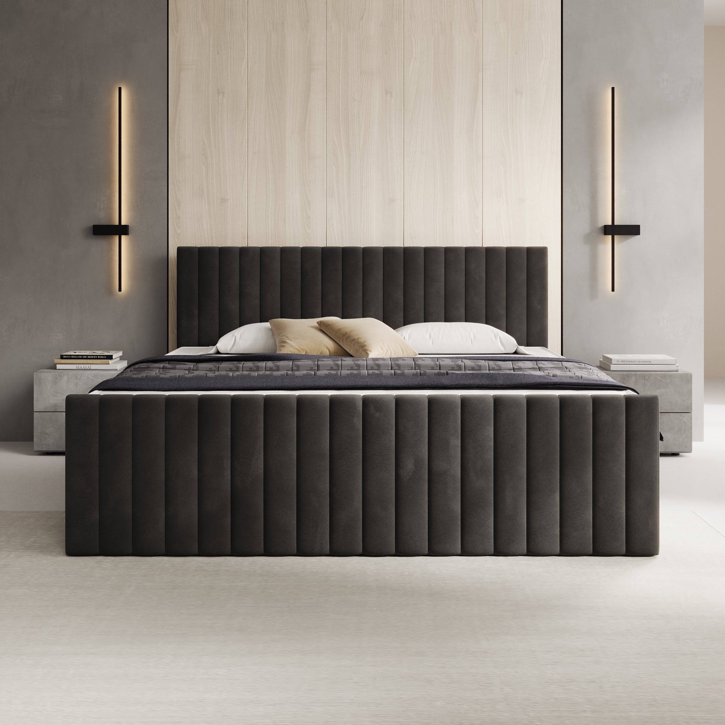 Tori - Boxspring met opbergruimte - Stof zwart - 180x200 cm