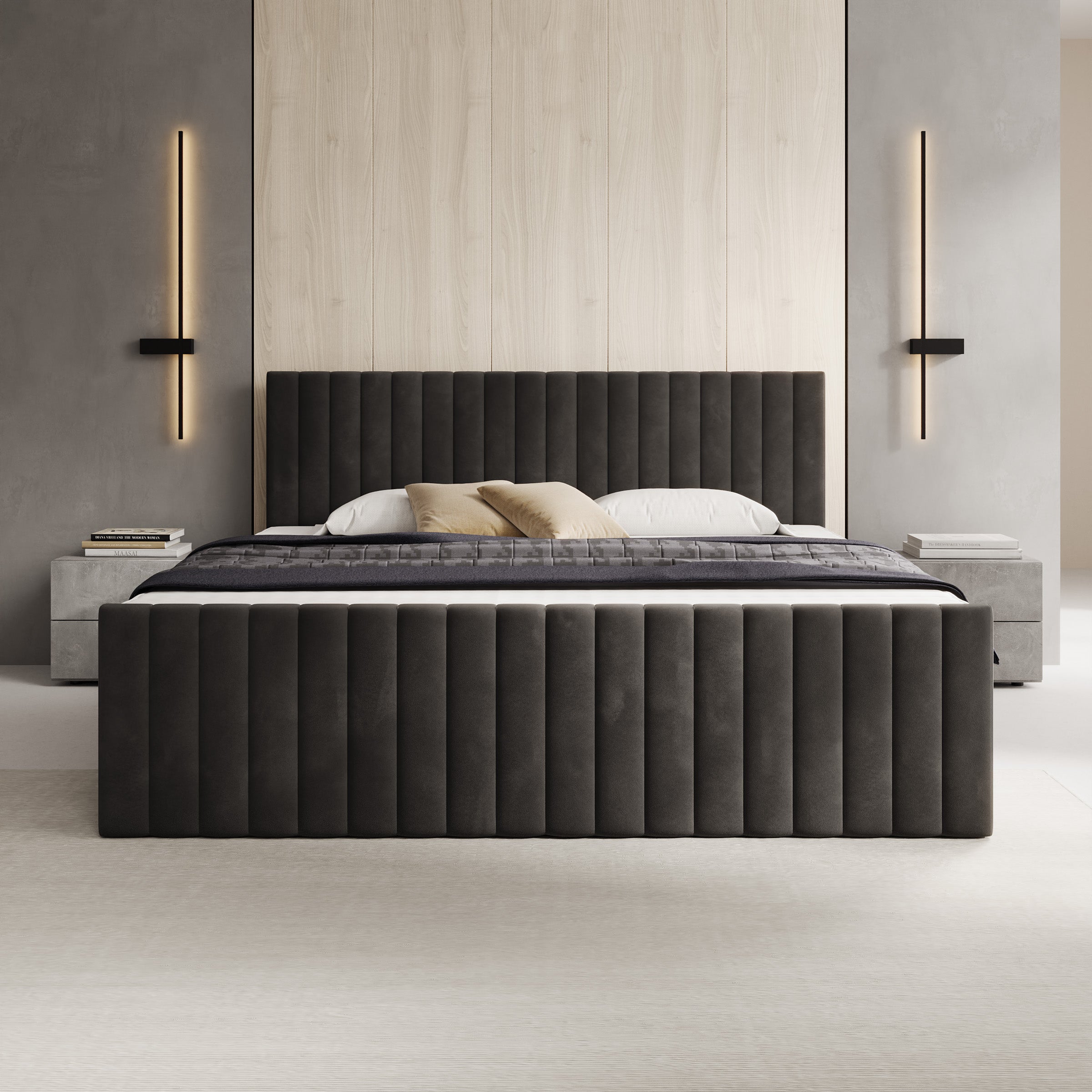 Tori - Boxspring met opbergruimte - Stof zwart - 180x200 cm