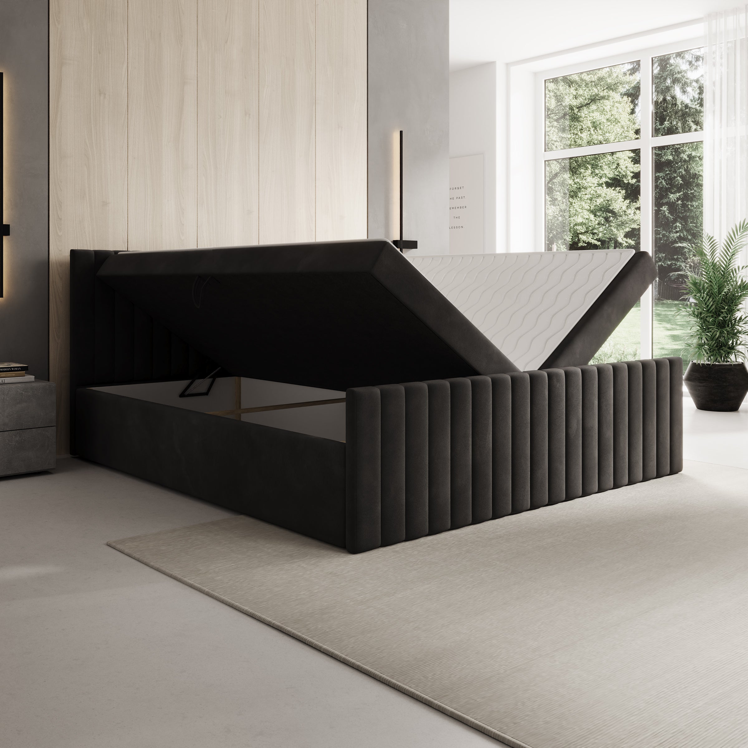Tori - Boxspring met opbergruimte - Stof zwart - 180x200 cm