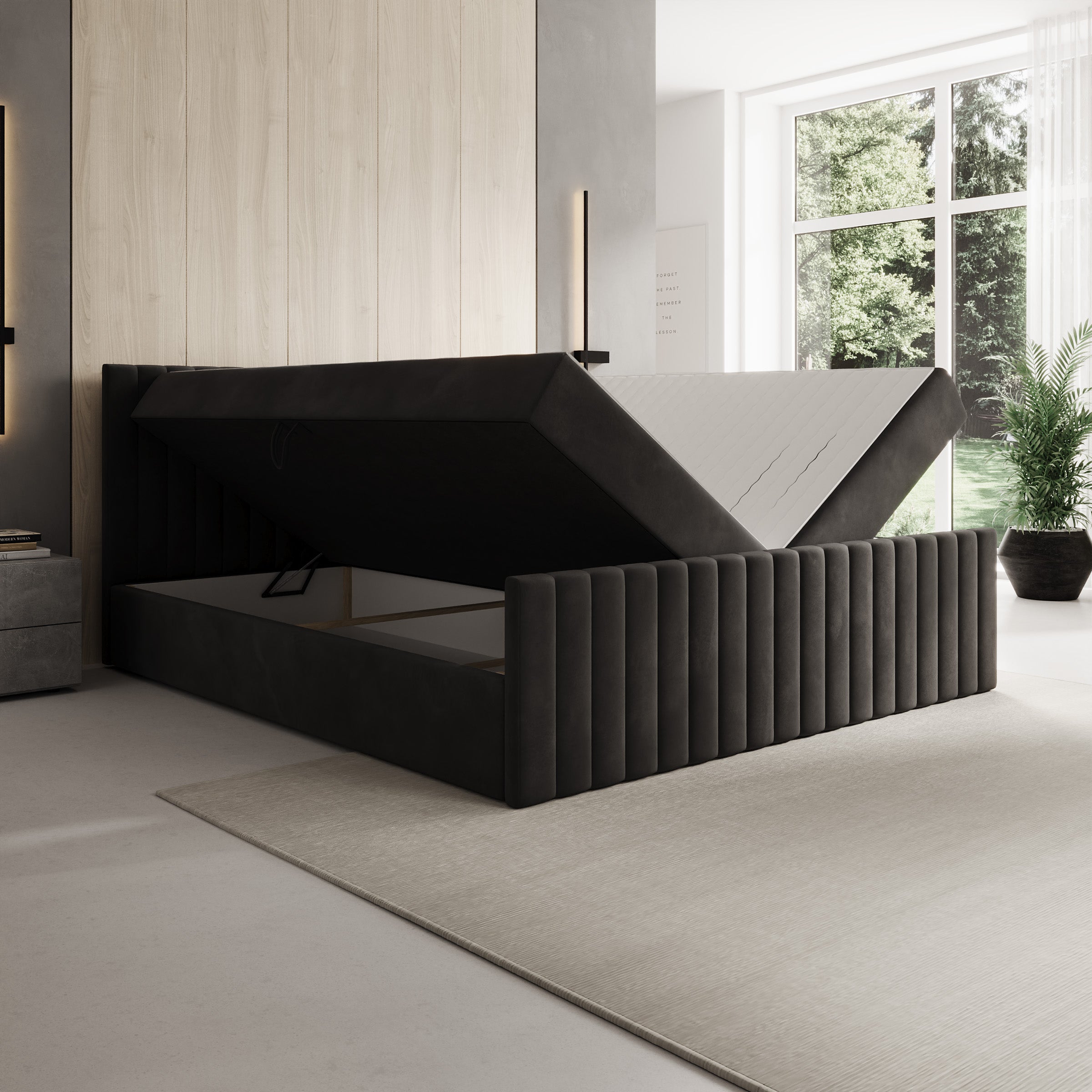 Tori - Boxspring met opbergruimte - Stof zwart - 180x200 cm