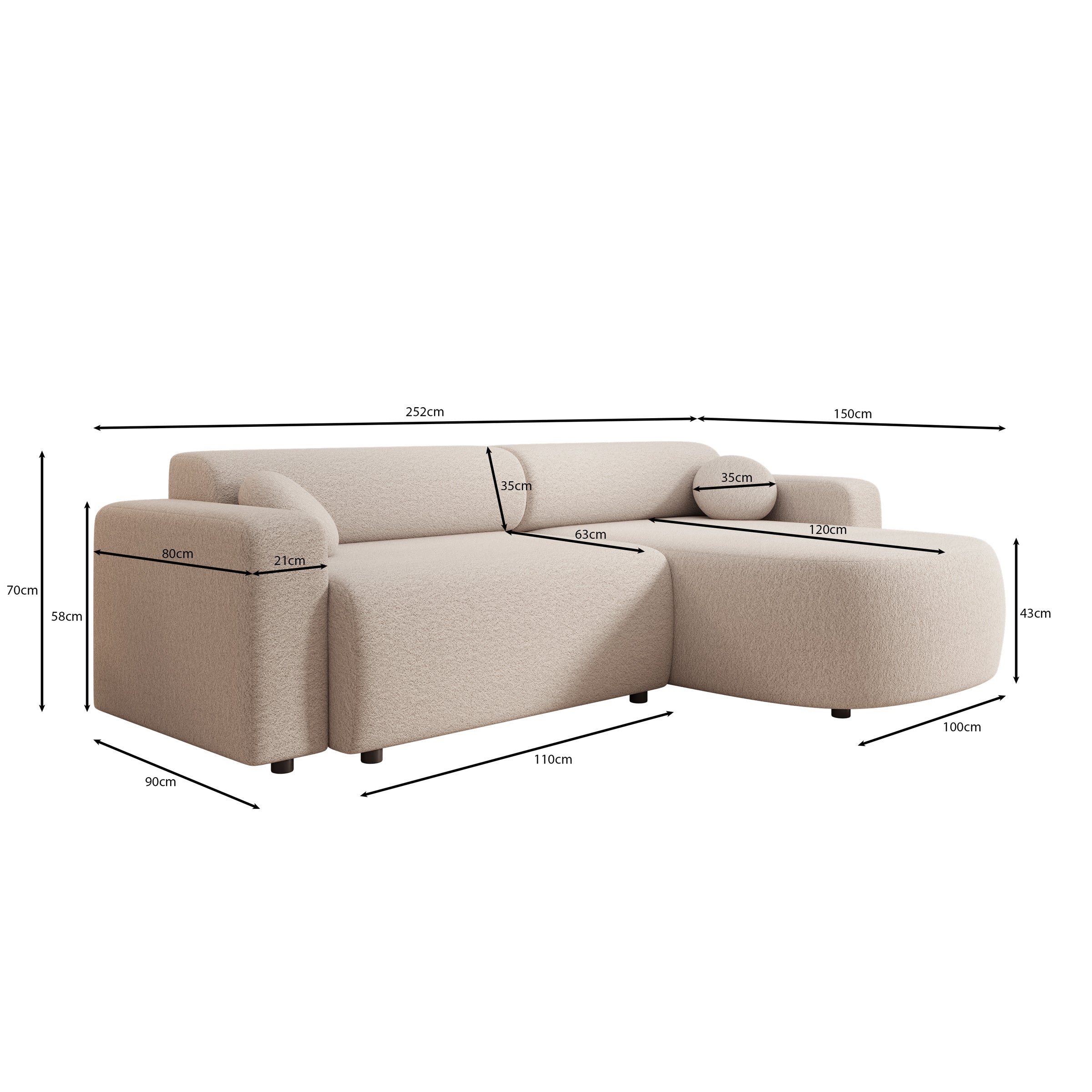 Tripp - Hoekbank 3-zits met chaise longue - Stof beige - Universeel