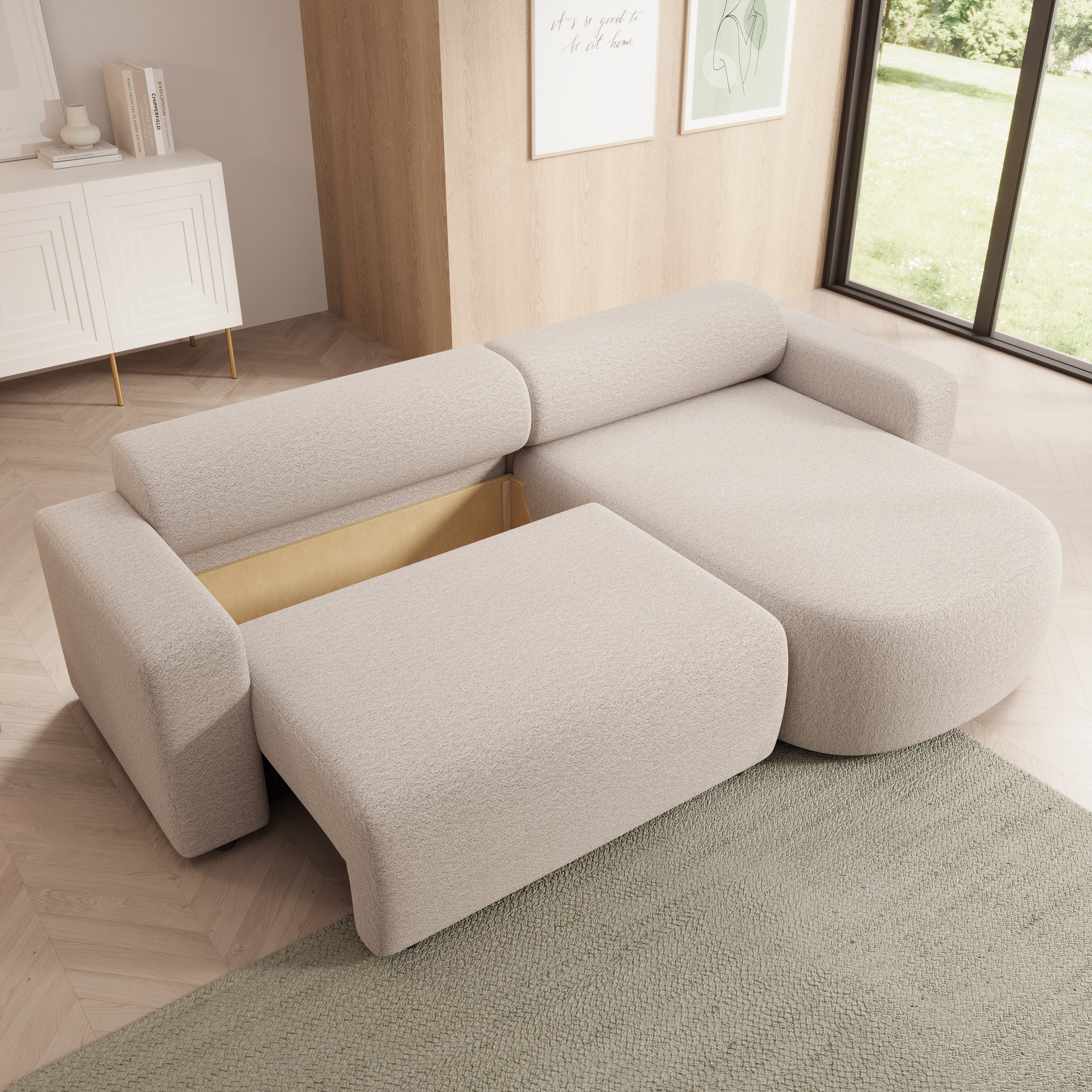 Tripp - Hoekbank 3-zits met chaise longue - Stof beige - Universeel