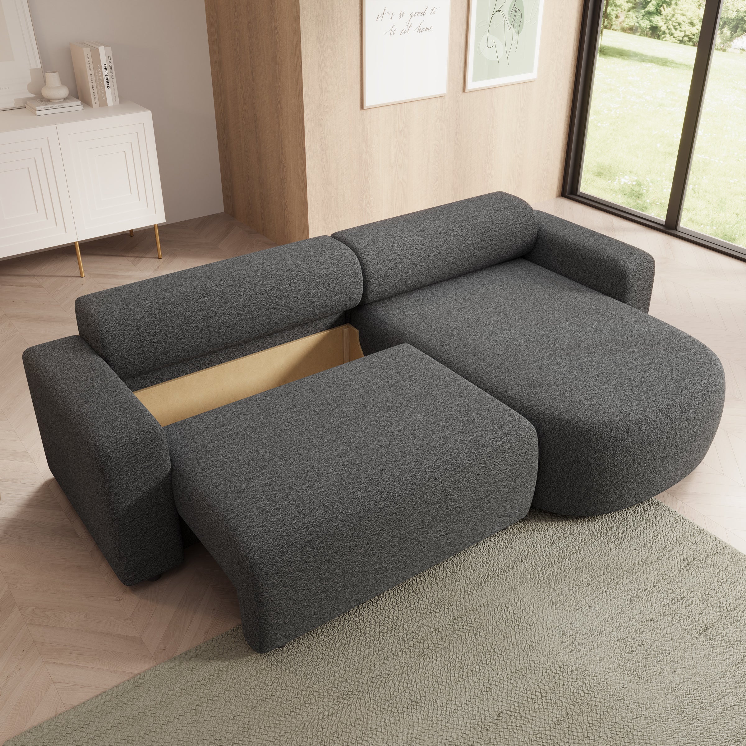 Tripp - Hoekbank 3-zits met chaise longue - Stof grijs - Universeel