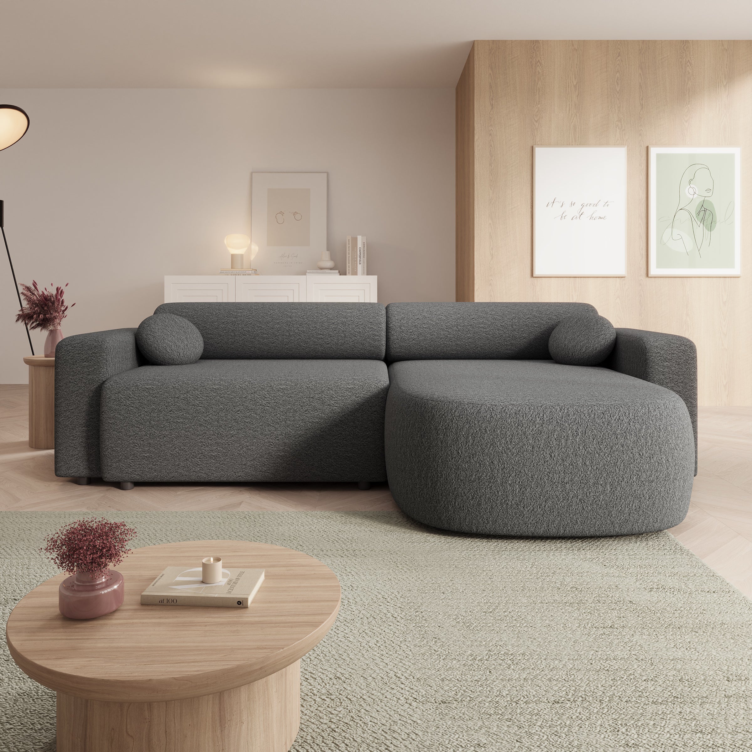 Tripp - Hoekbank 3-zits met chaise longue - Stof grijs - Universeel