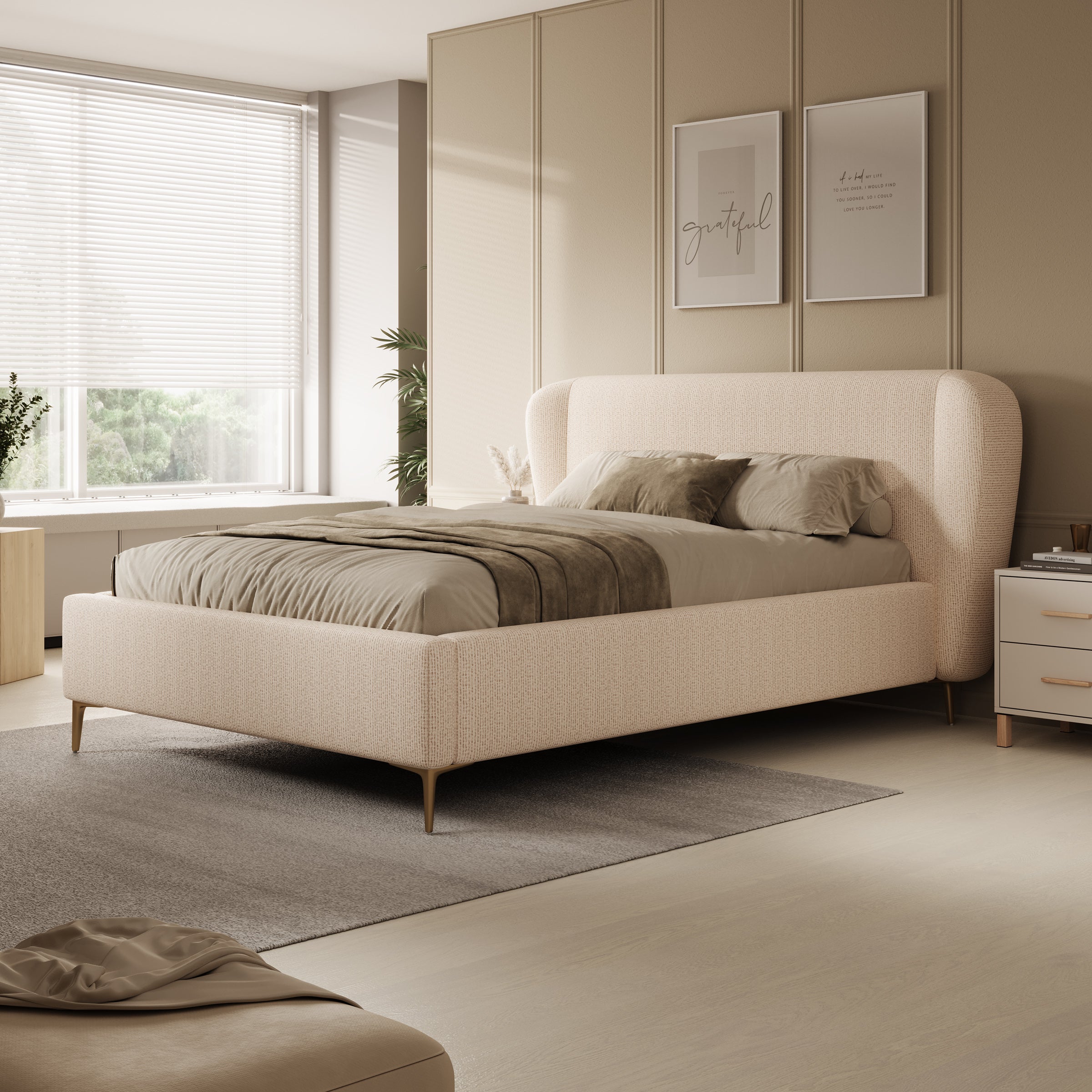 Alec - Tweepersoonsbed - Stof beige - 140x200 cm