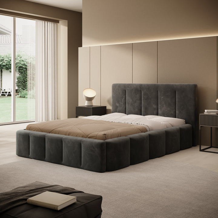 Tweepersoonsbed Excalibur - Zwart velvet - 140x200 cm