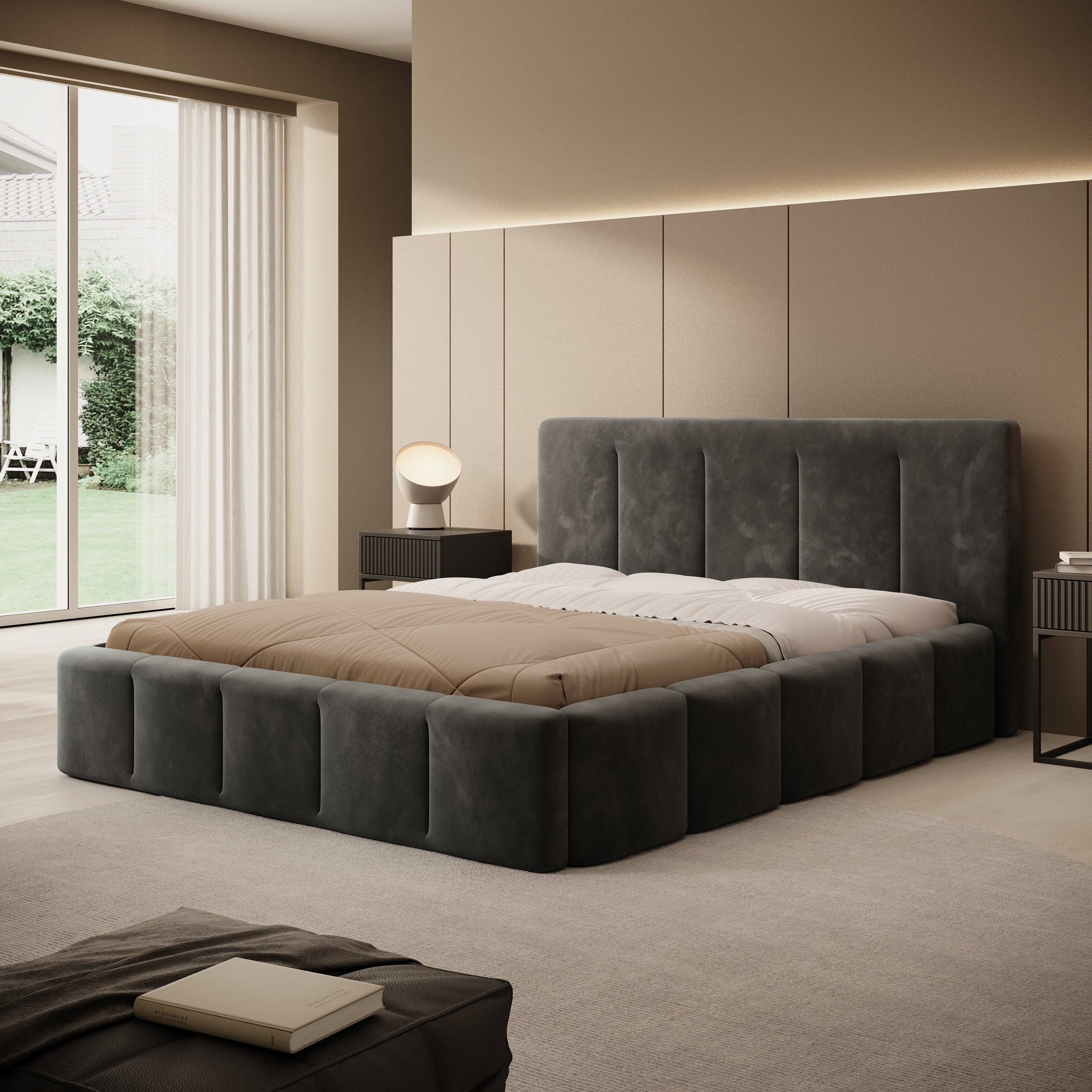 Tweepersoonsbed Excalibur - Zwart velvet - 160x200 cm