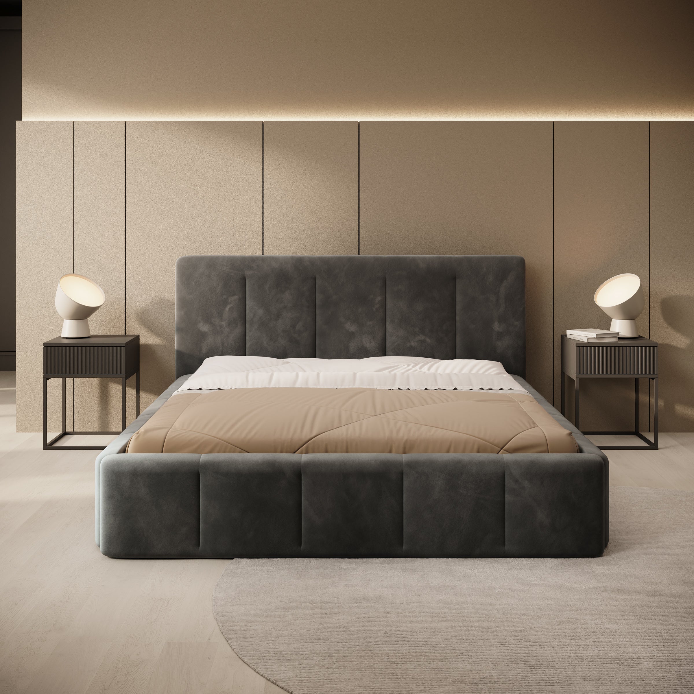 Tweepersoonsbed Excalibur - Zwart velvet - 160x200 cm