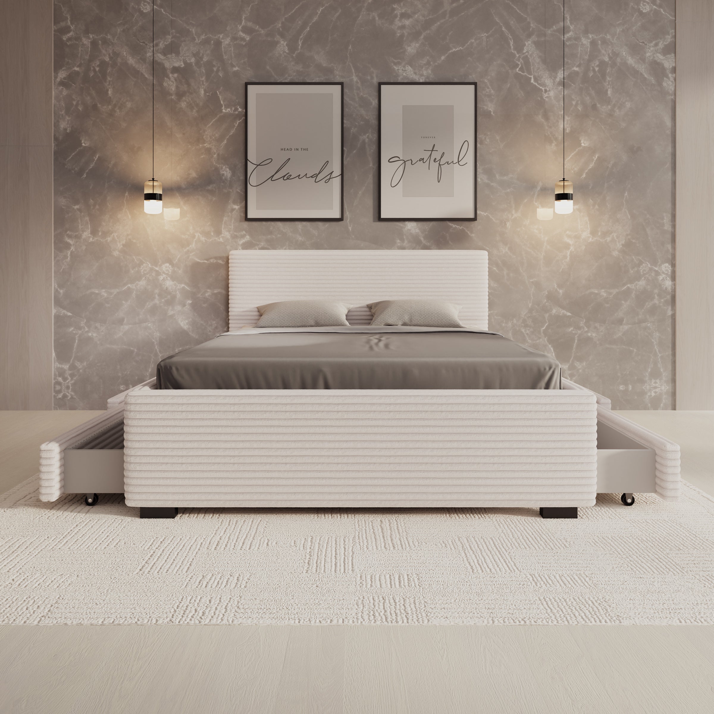 Tweepersoonsbed Loox - Beige ribstof - 140x200 cm