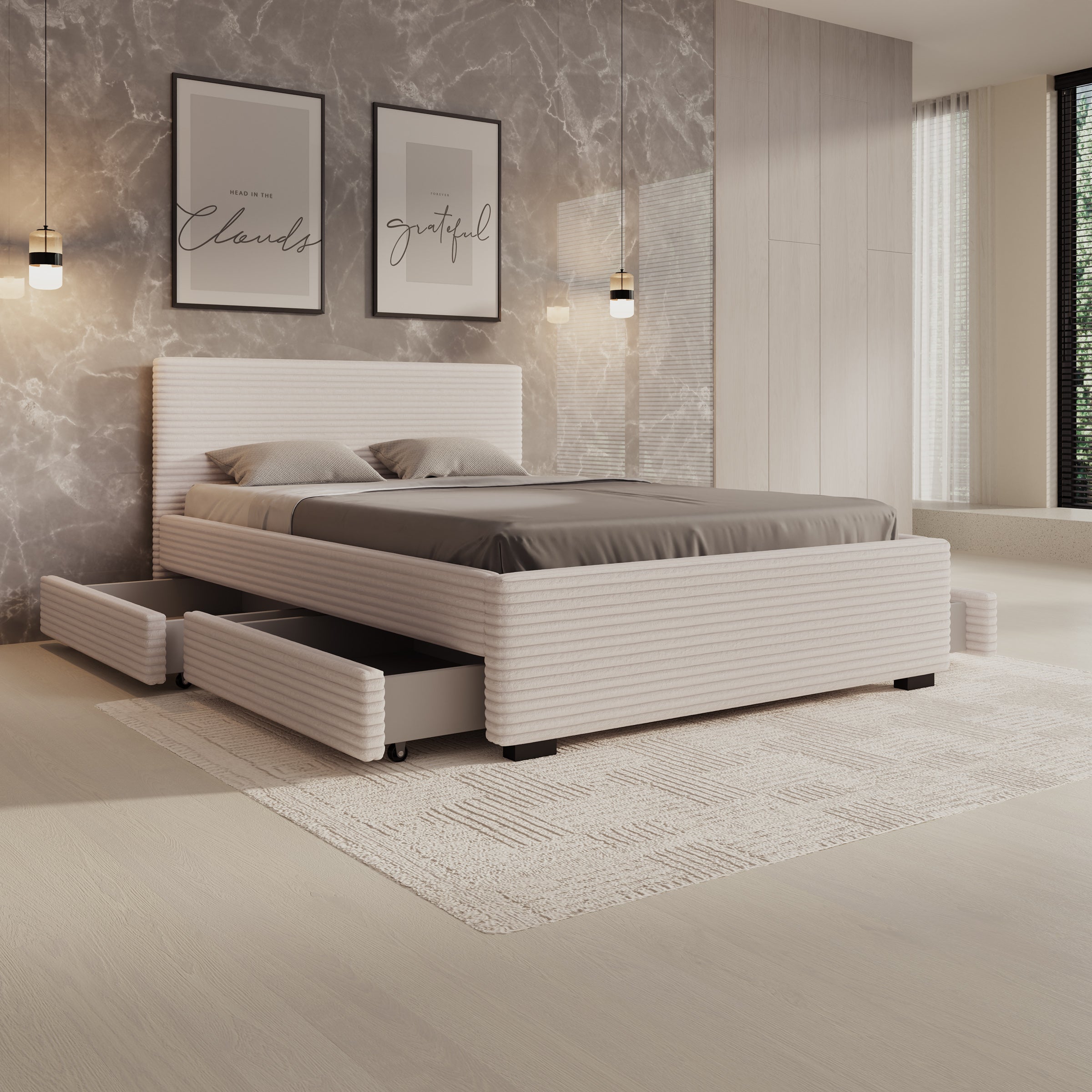 Tweepersoonsbed Loox - Beige ribstof - 140x200 cm