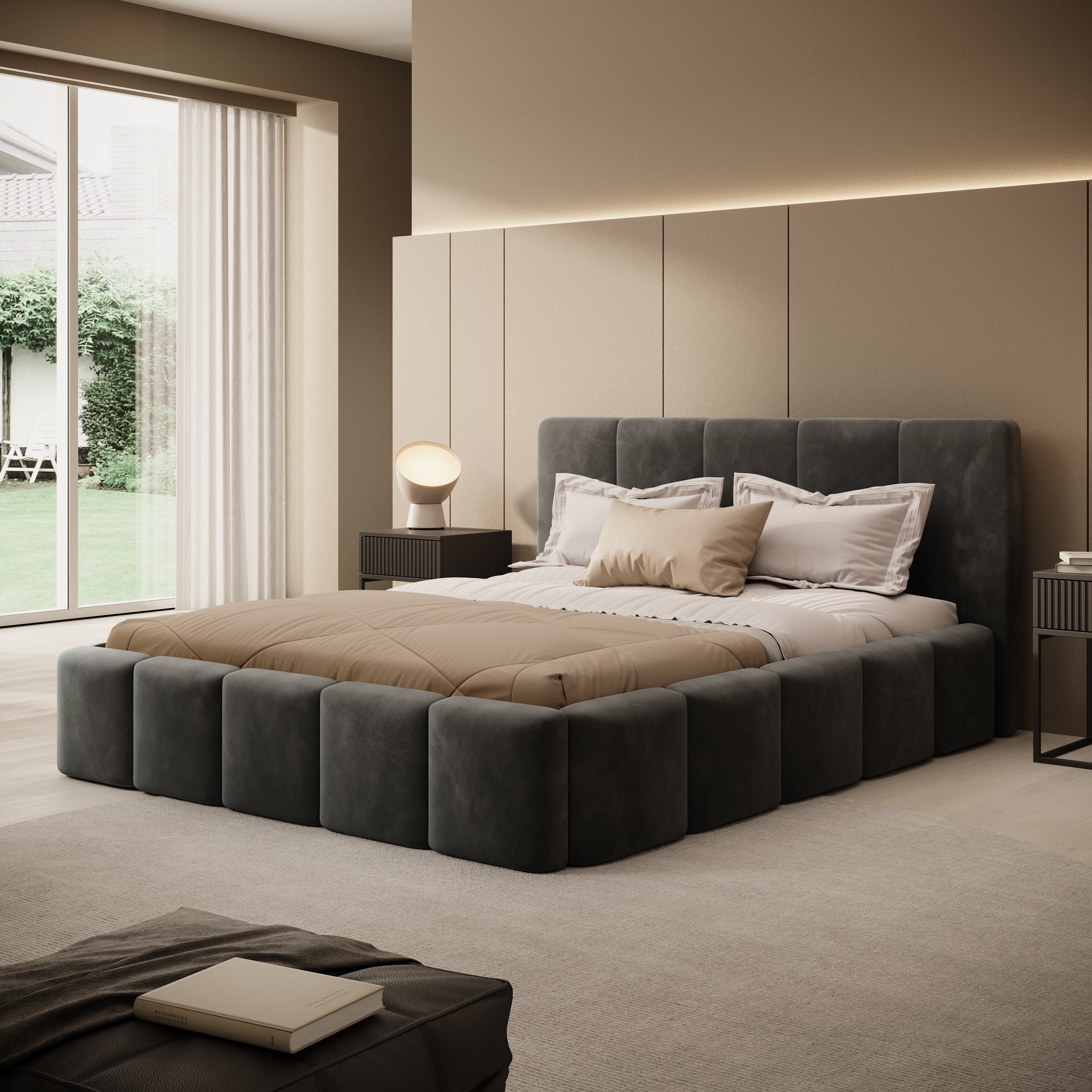 Tweepersoonsbed Excalibur - Zwart velvet - 160x200 cm