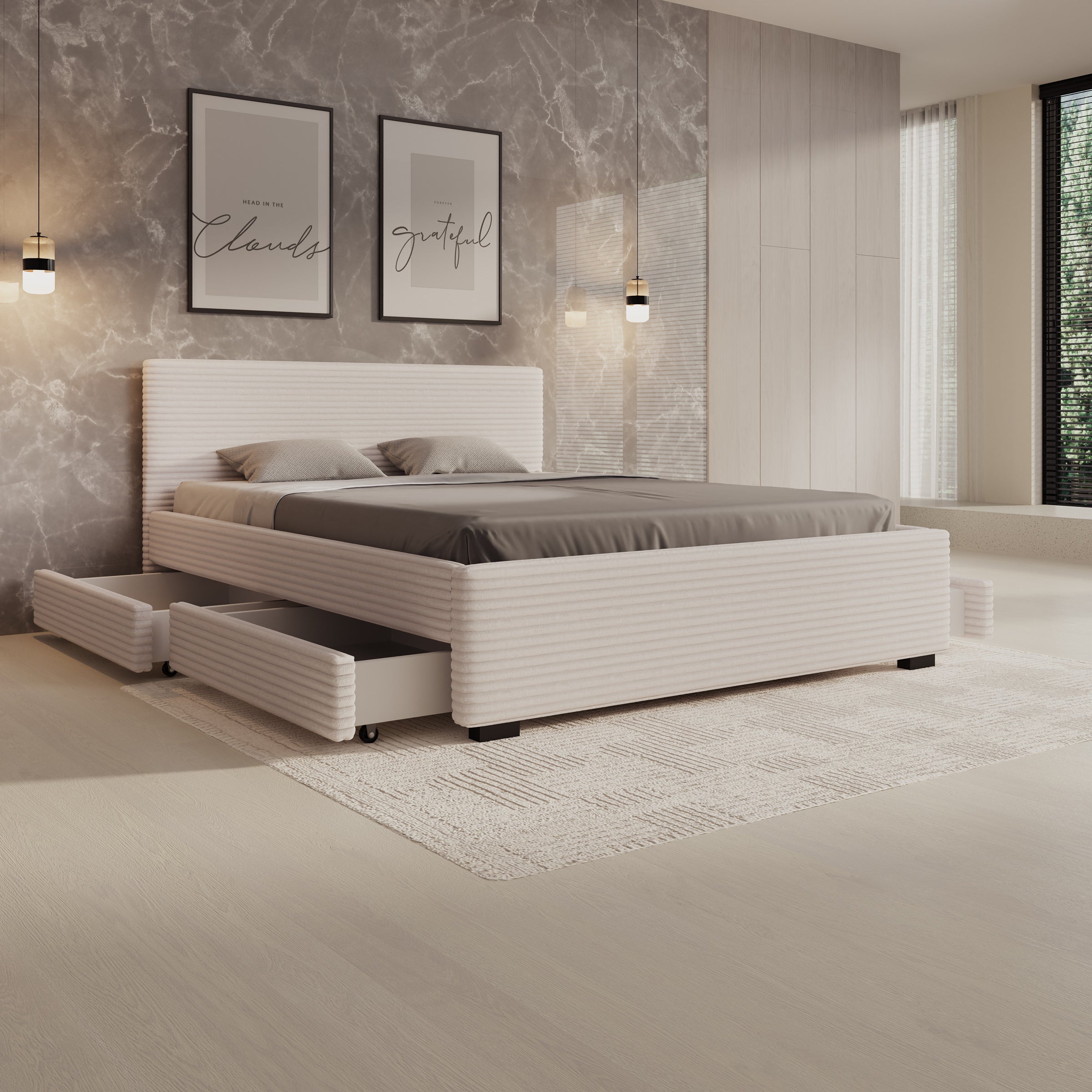 Tweepersoonsbed Loox - Beige ribstof - 160x200 cm