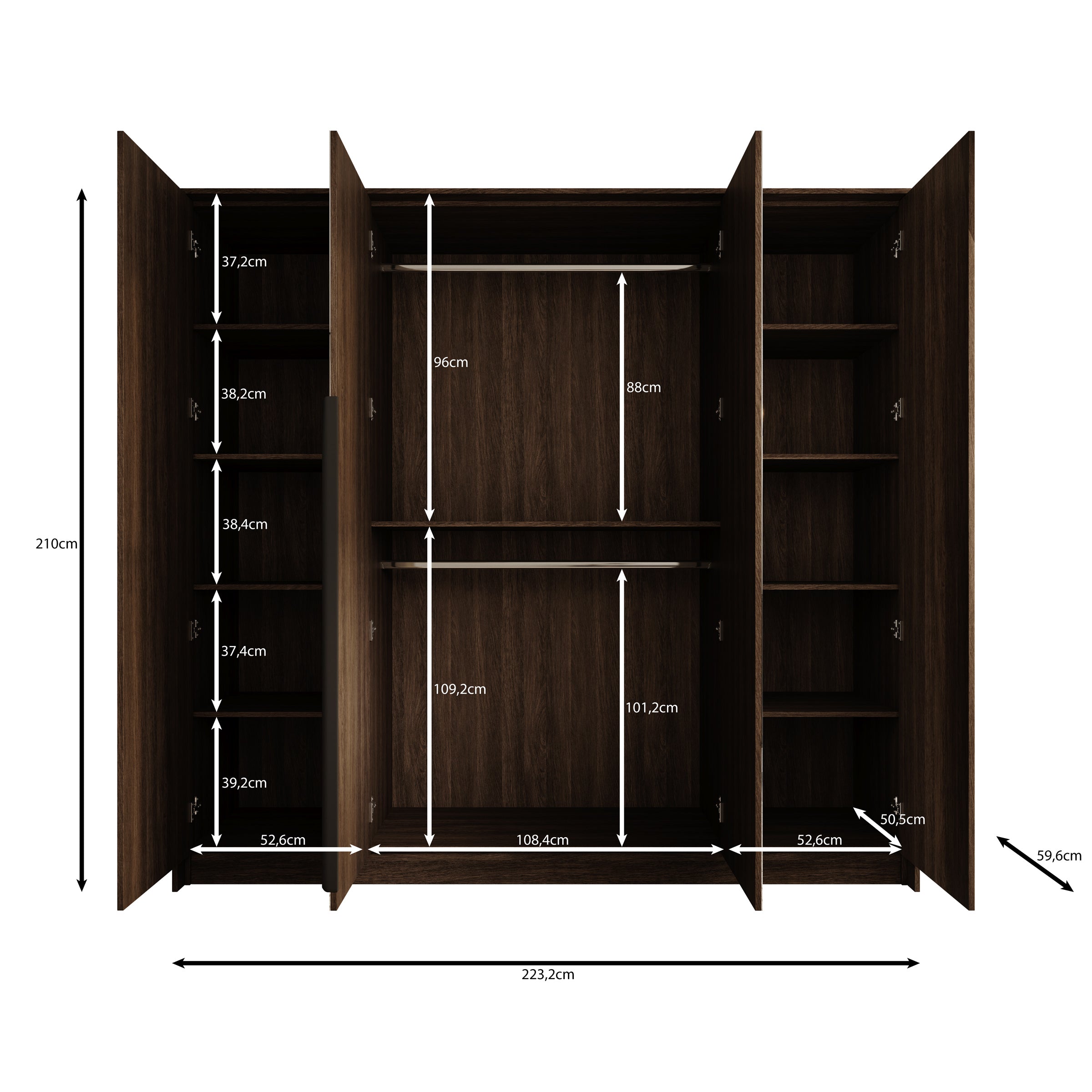 Umbra - Kledingkast 4 deurs - Donker eikenpatroon - 223x60x210 cm