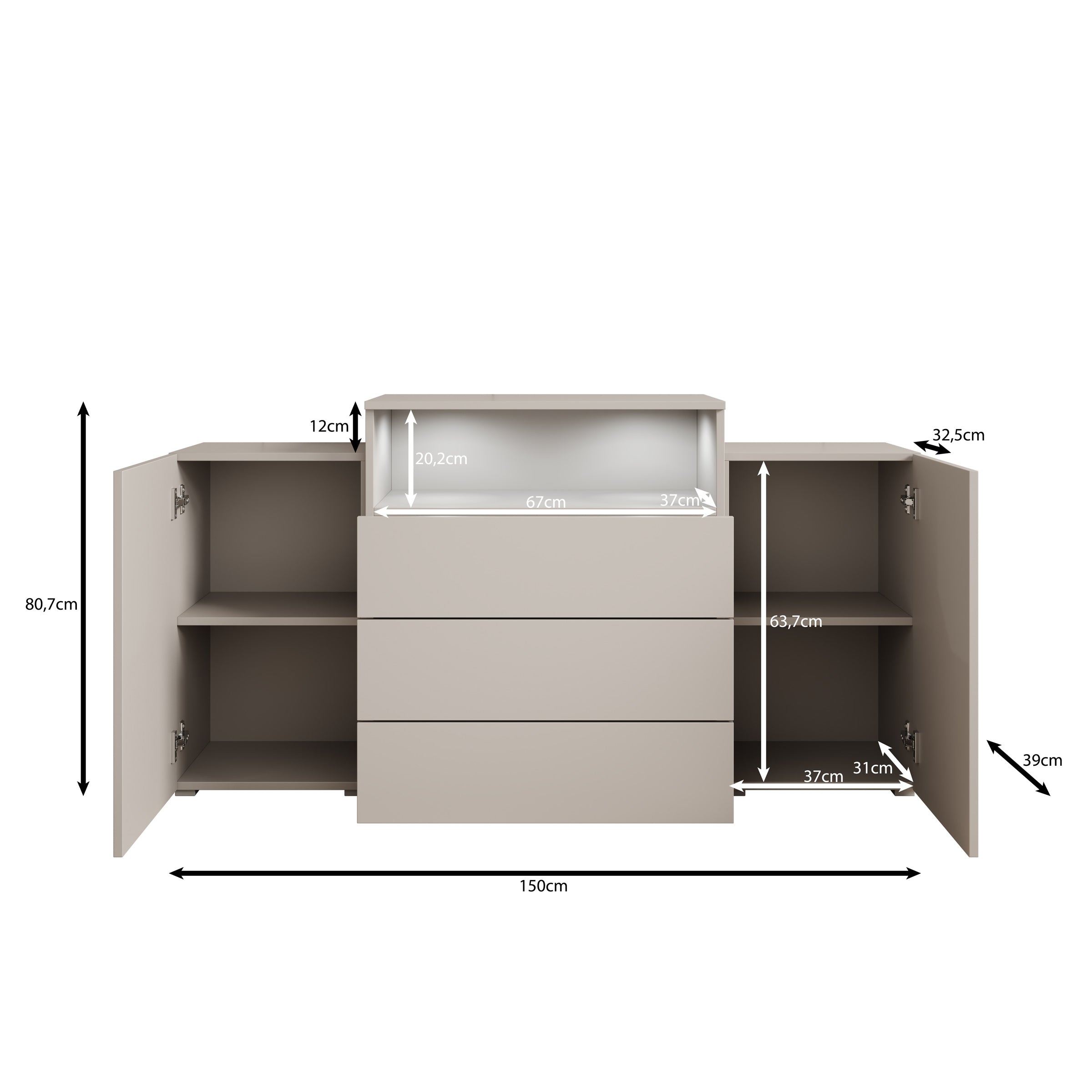 Universal - Dressoir met LED - Eikenpatroon/Grijs - 150x31x81 cm